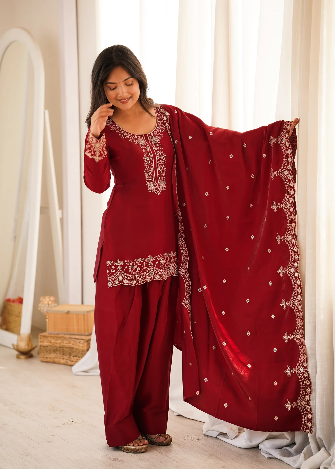 Glass Roman Silk Embroidered Kurta Set with Farshi Shalwar & Dupatta — photo 8 of 9