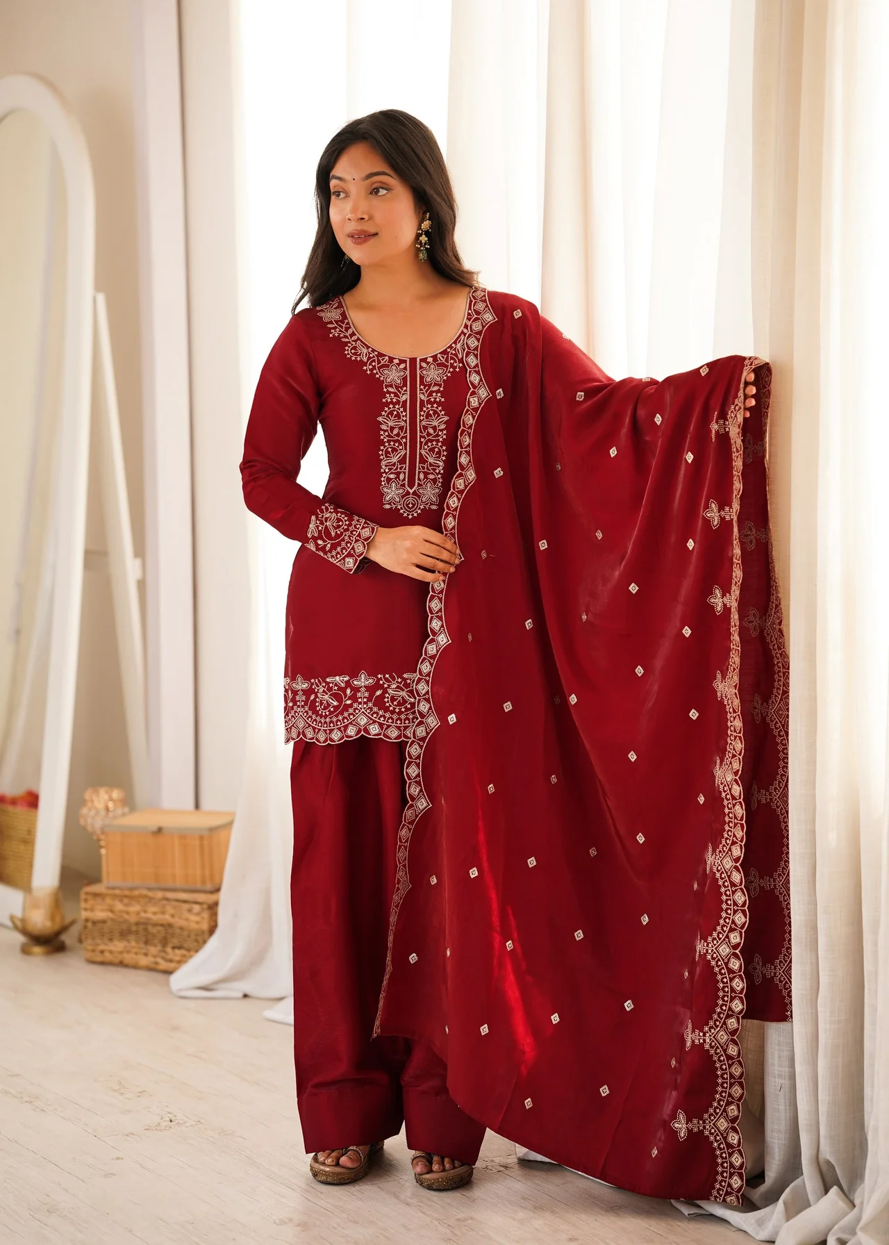 Glass Roman Silk Embroidered Kurta Set with Farshi Shalwar & Dupatta — photo 9 of 9