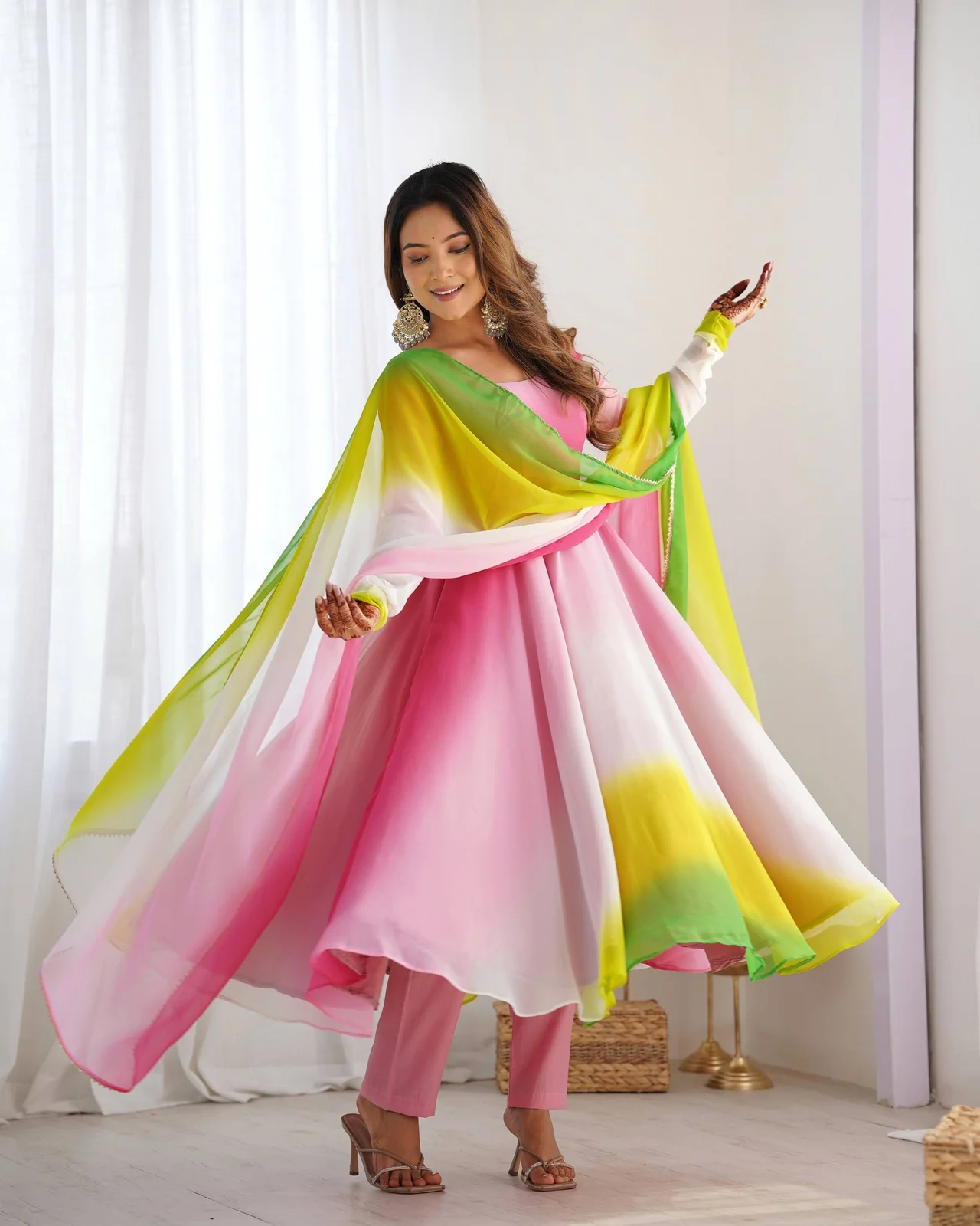 Pure Soft Fox Georgette Colourful Padded Anarkali Gown with Dupatta & Pant in Multicolour — photo 3 of 10