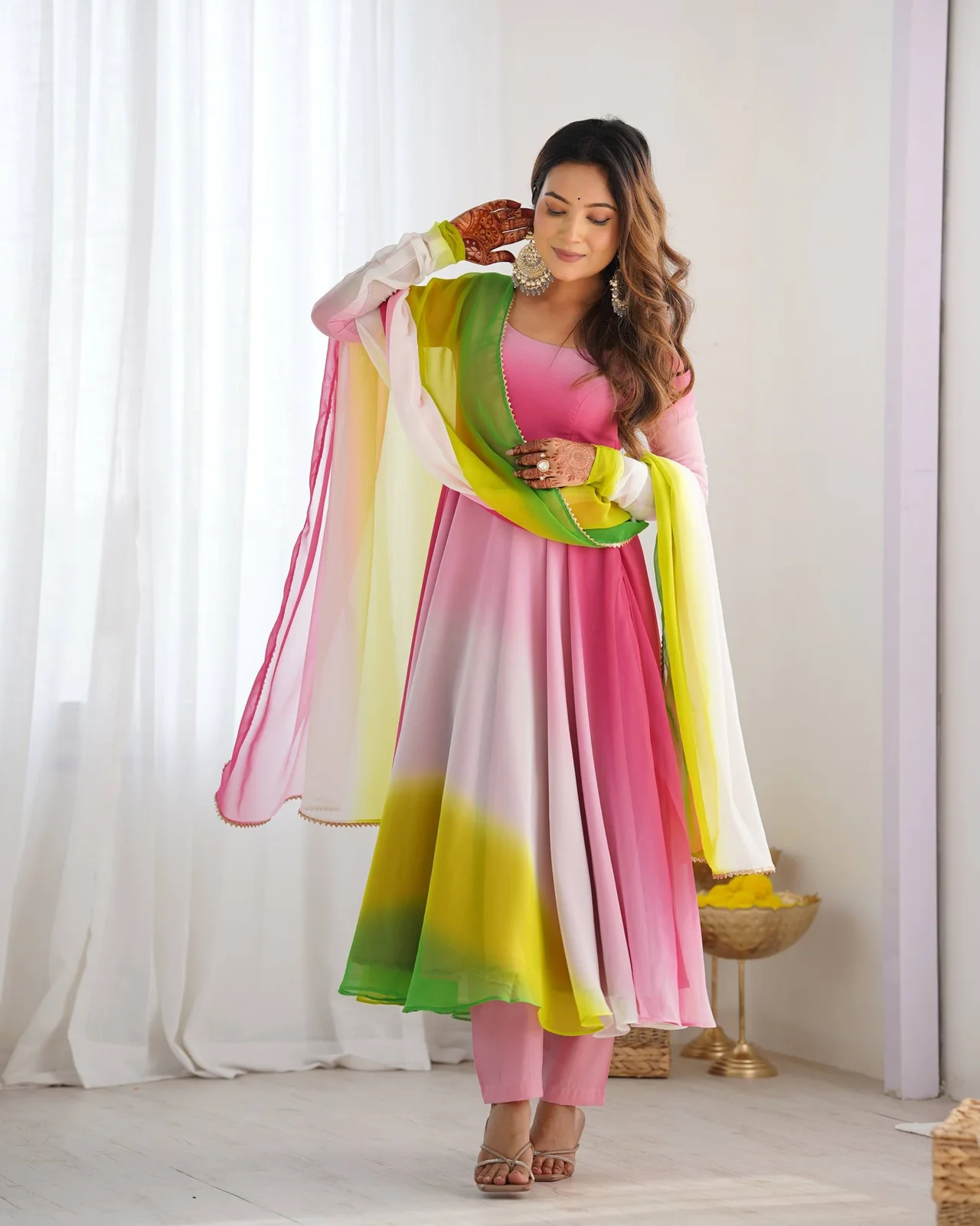 Pure Soft Fox Georgette Colourful Padded Anarkali Gown with Dupatta & Pant in Multicolour — photo 4 of 10