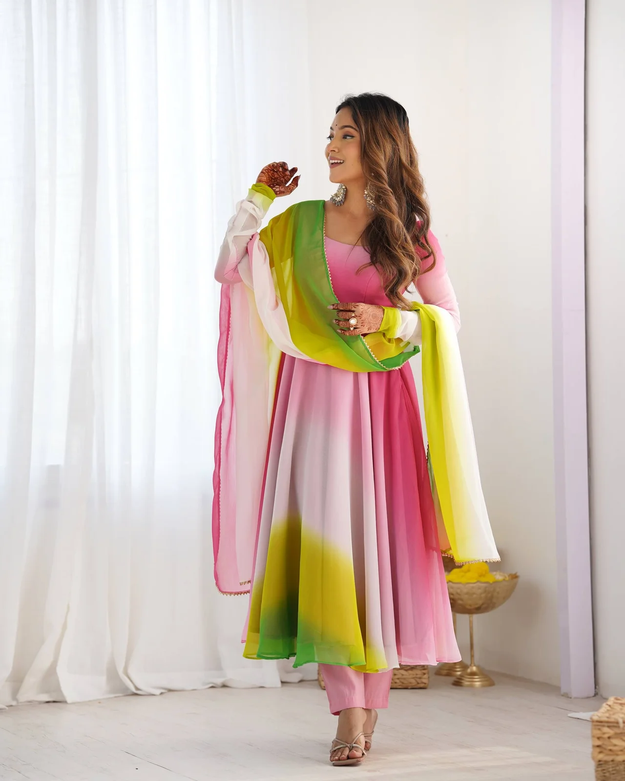 Pure Soft Fox Georgette Colourful Padded Anarkali Gown with Dupatta & Pant in Multicolour — photo 5 of 10