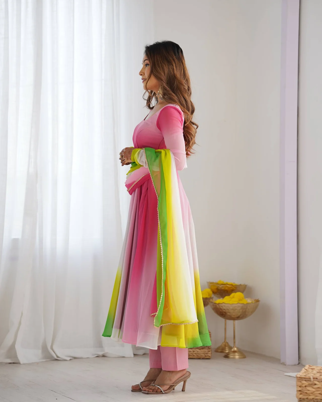 Pure Soft Fox Georgette Colourful Padded Anarkali Gown with Dupatta & Pant in Multicolour — photo 6 of 10