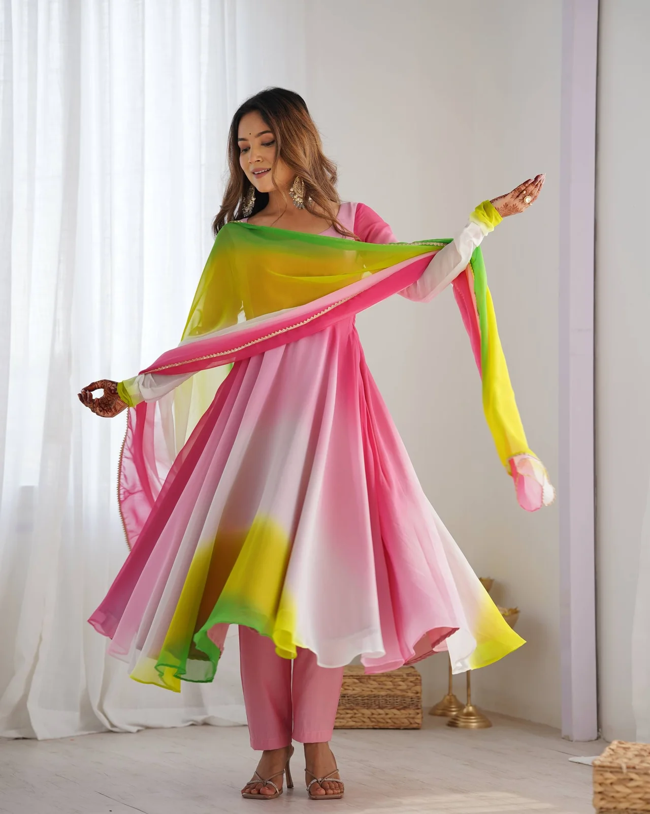 Pure Soft Fox Georgette Colourful Padded Anarkali Gown with Dupatta & Pant in Multicolour — photo 7 of 10