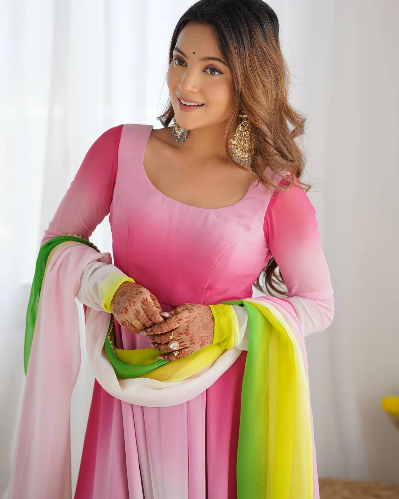 Pure Soft Fox Georgette Colourful Padded Anarkali Gown with Dupatta & Pant in Multicolour — photo 8 of 10
