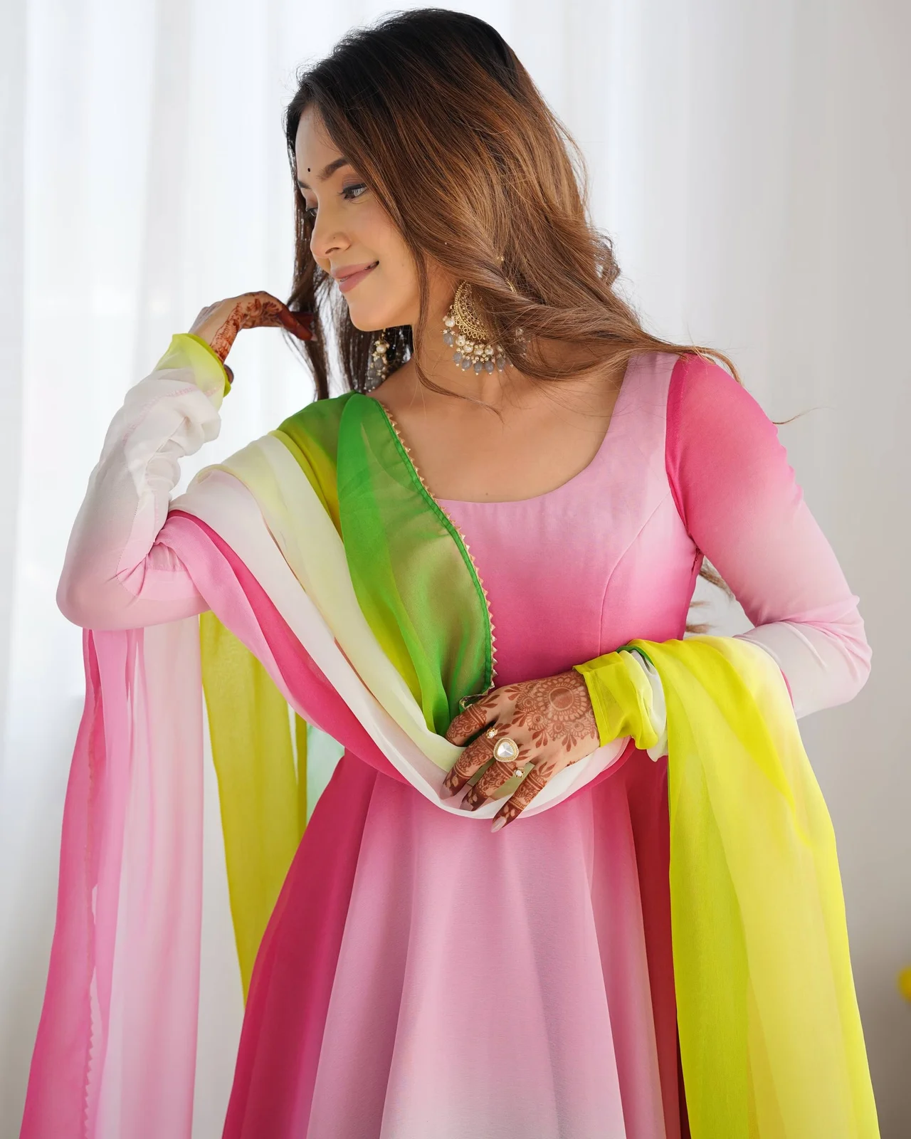 Pure Soft Fox Georgette Colourful Padded Anarkali Gown with Dupatta & Pant in Multicolour — photo 9 of 10