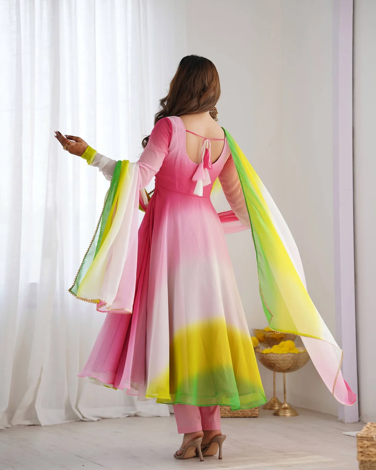 Pure Soft Fox Georgette Colourful Padded Anarkali Gown with Dupatta & Pant in Multicolour — photo 10 of 10
