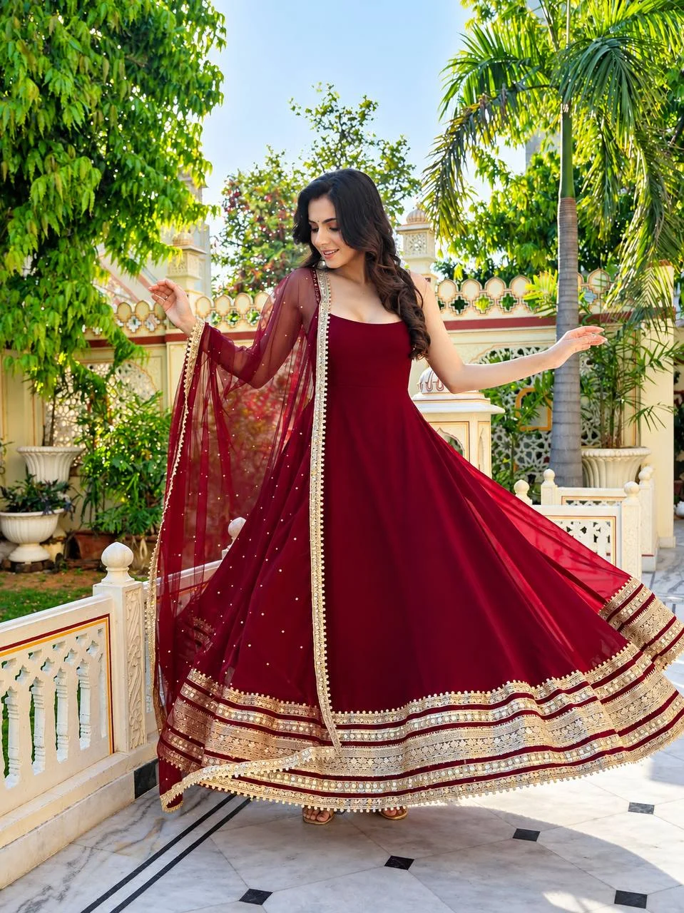 Premium Faux Blooming Anarkali Suit Set for Women with Embroidered Dupatta & Pant in Maroon — photo 2 of 8