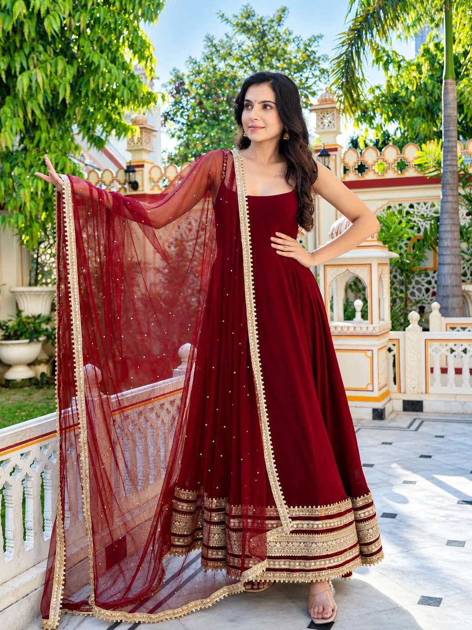 Premium Faux Blooming Anarkali Suit Set for Women with Embroidered Dupatta & Pant in Maroon — photo 3 of 8