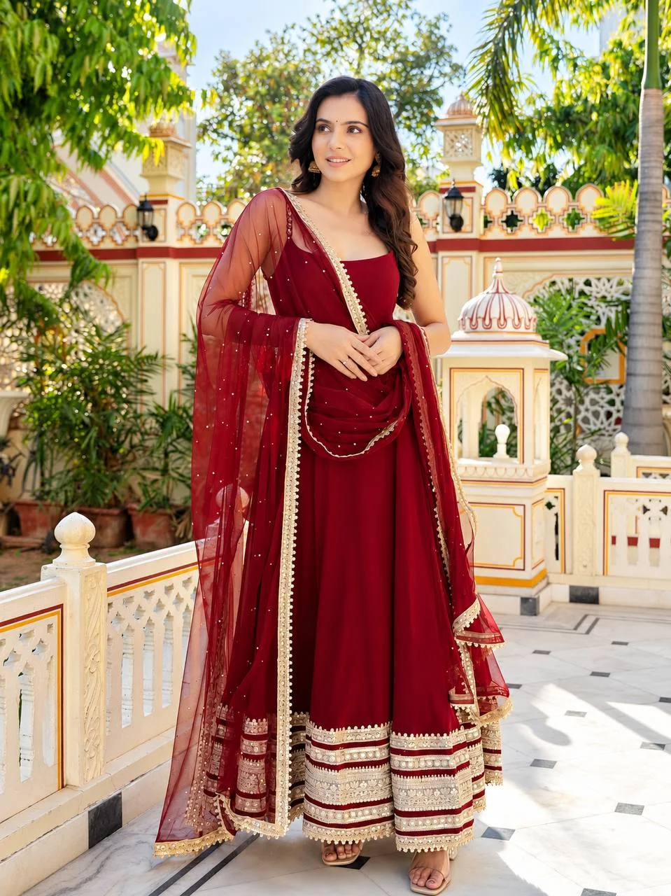 Premium Faux Blooming Anarkali Suit Set for Women with Embroidered Dupatta & Pant in Maroon — photo 4 of 8