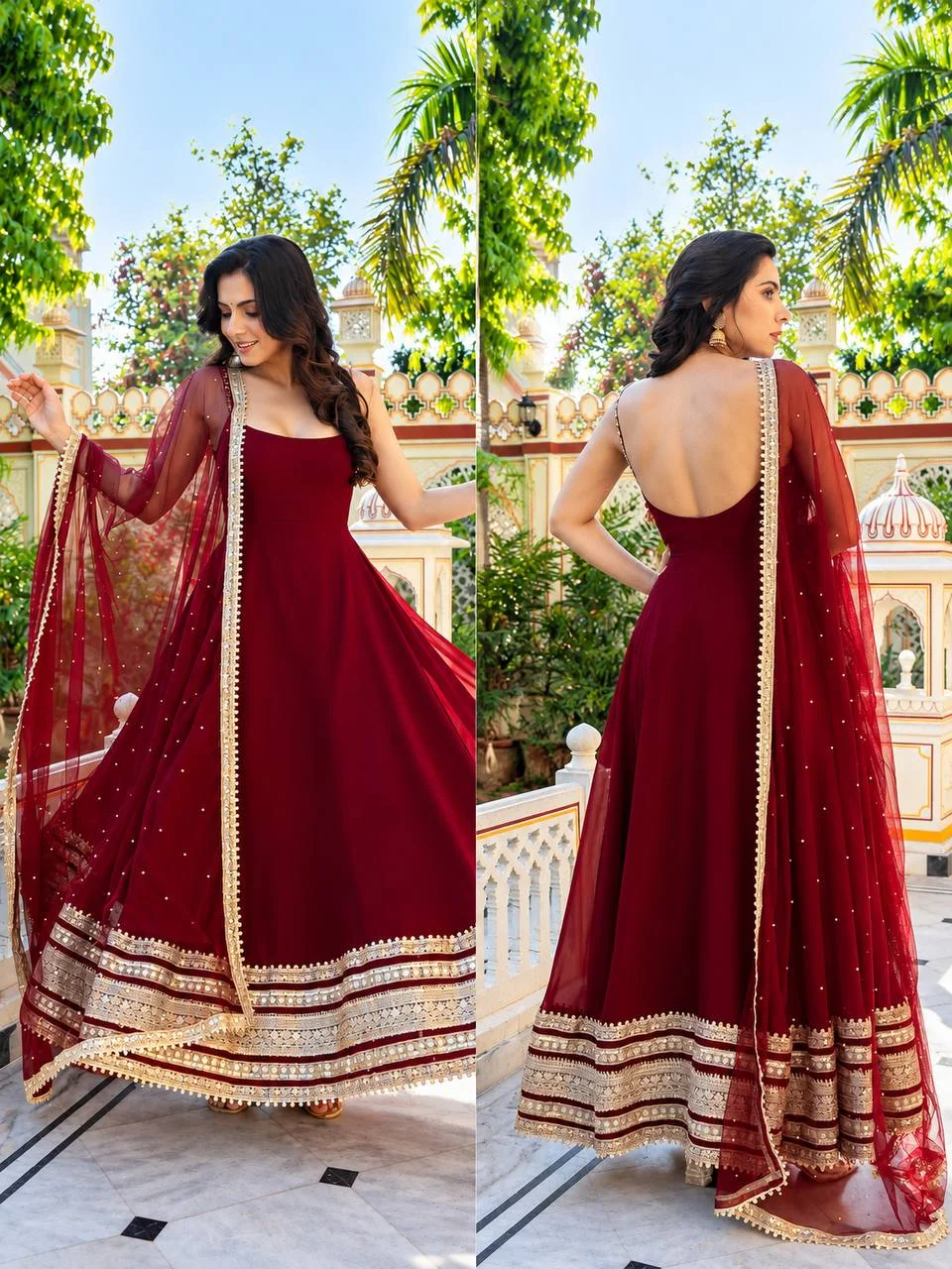 Premium Faux Blooming Anarkali Suit Set for Women with Embroidered Dupatta & Pant in Maroon — photo 5 of 8