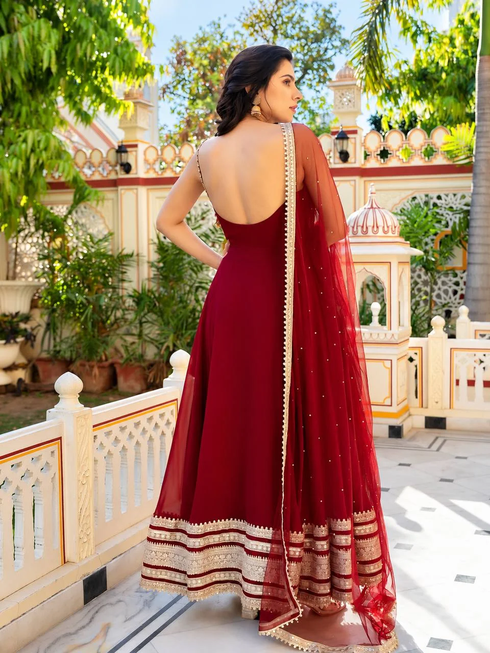 Premium Faux Blooming Anarkali Suit Set for Women with Embroidered Dupatta & Pant in Maroon — photo 6 of 8