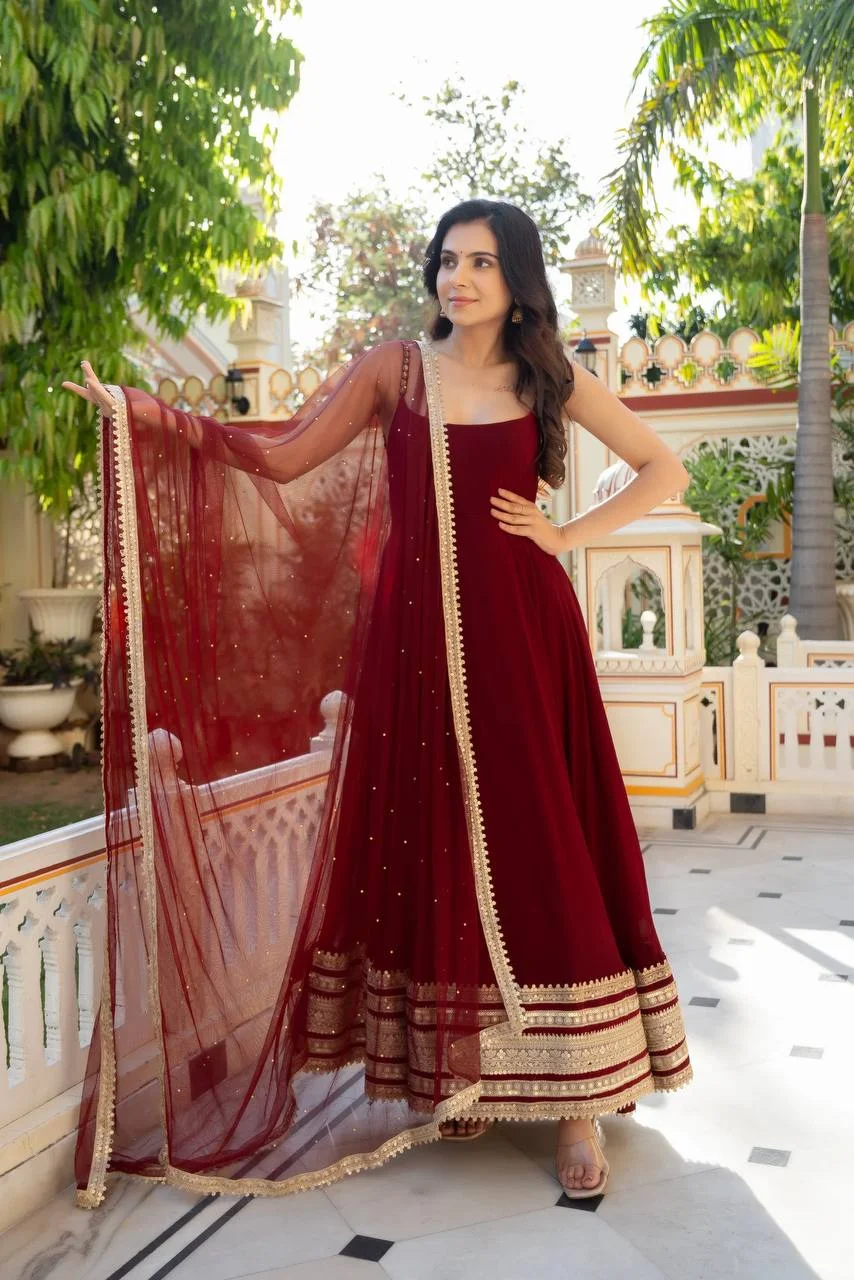 Premium Faux Blooming Anarkali Suit Set for Women with Embroidered Dupatta & Pant in Maroon — photo 7 of 8