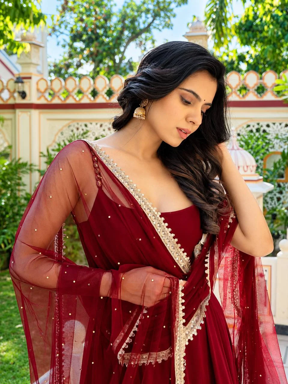 Premium Faux Blooming Anarkali Suit Set for Women with Embroidered Dupatta & Pant in Maroon — photo 8 of 8