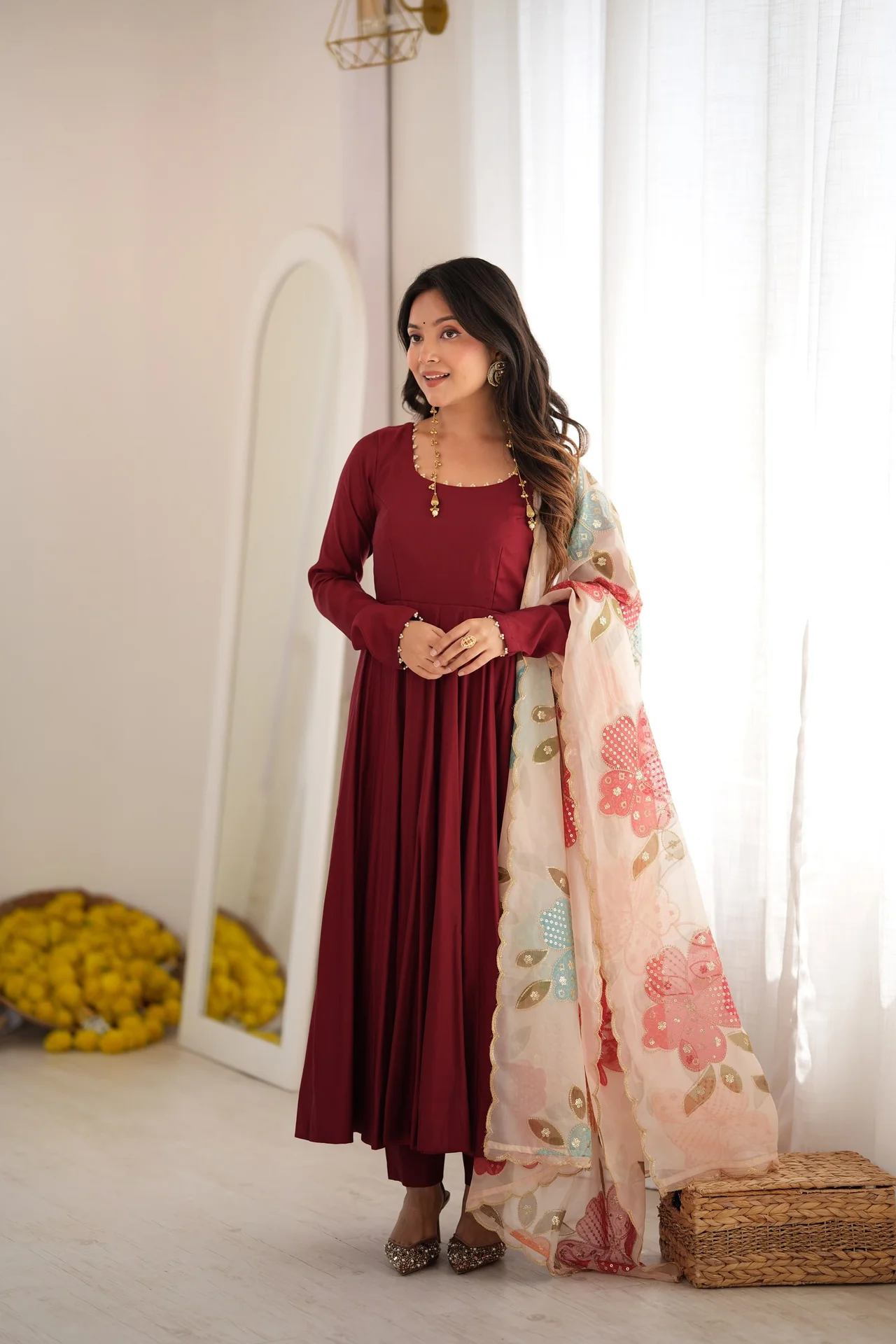 Premium Pure Romansilk 16 Kali Anarkali Gown Set with Tabby Organza Silk Printed Dupatta & Pant in Maroon — photo 2 of 9