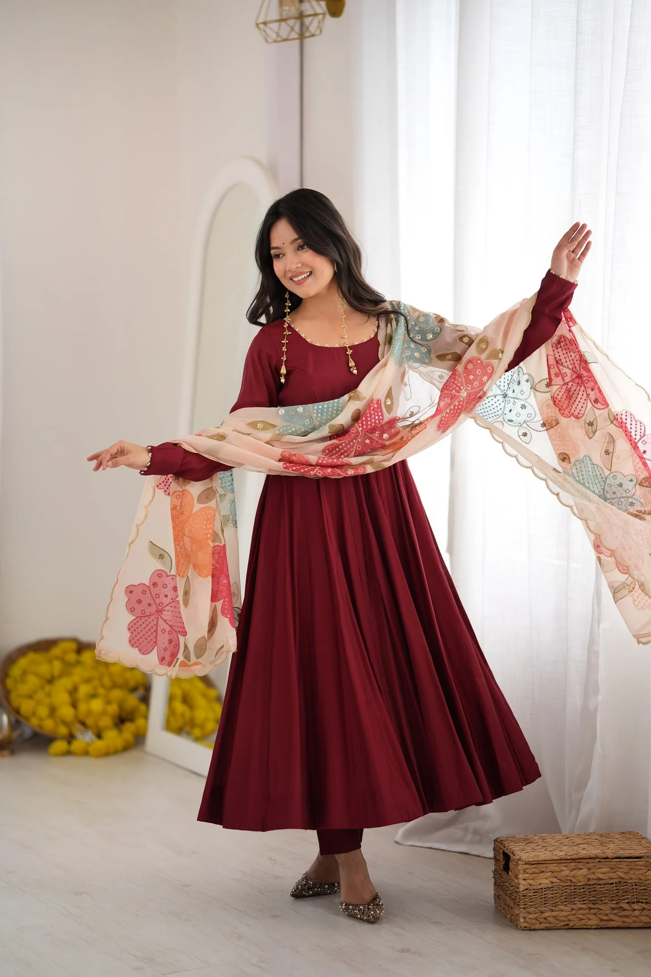Premium Pure Romansilk 16 Kali Anarkali Gown Set with Tabby Organza Silk Printed Dupatta & Pant in Maroon — photo 4 of 9