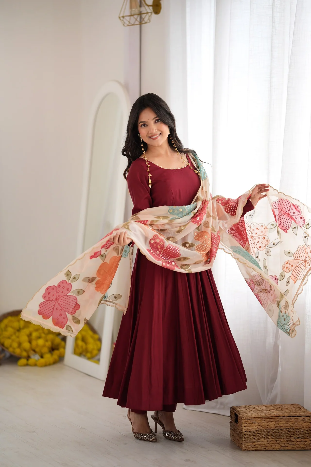 Premium Pure Romansilk 16 Kali Anarkali Gown Set with Tabby Organza Silk Printed Dupatta & Pant in Maroon — photo 5 of 9