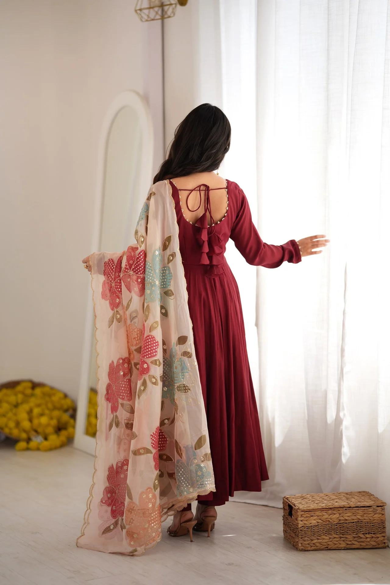 Premium Pure Romansilk 16 Kali Anarkali Gown Set with Tabby Organza Silk Printed Dupatta & Pant in Maroon — photo 6 of 9
