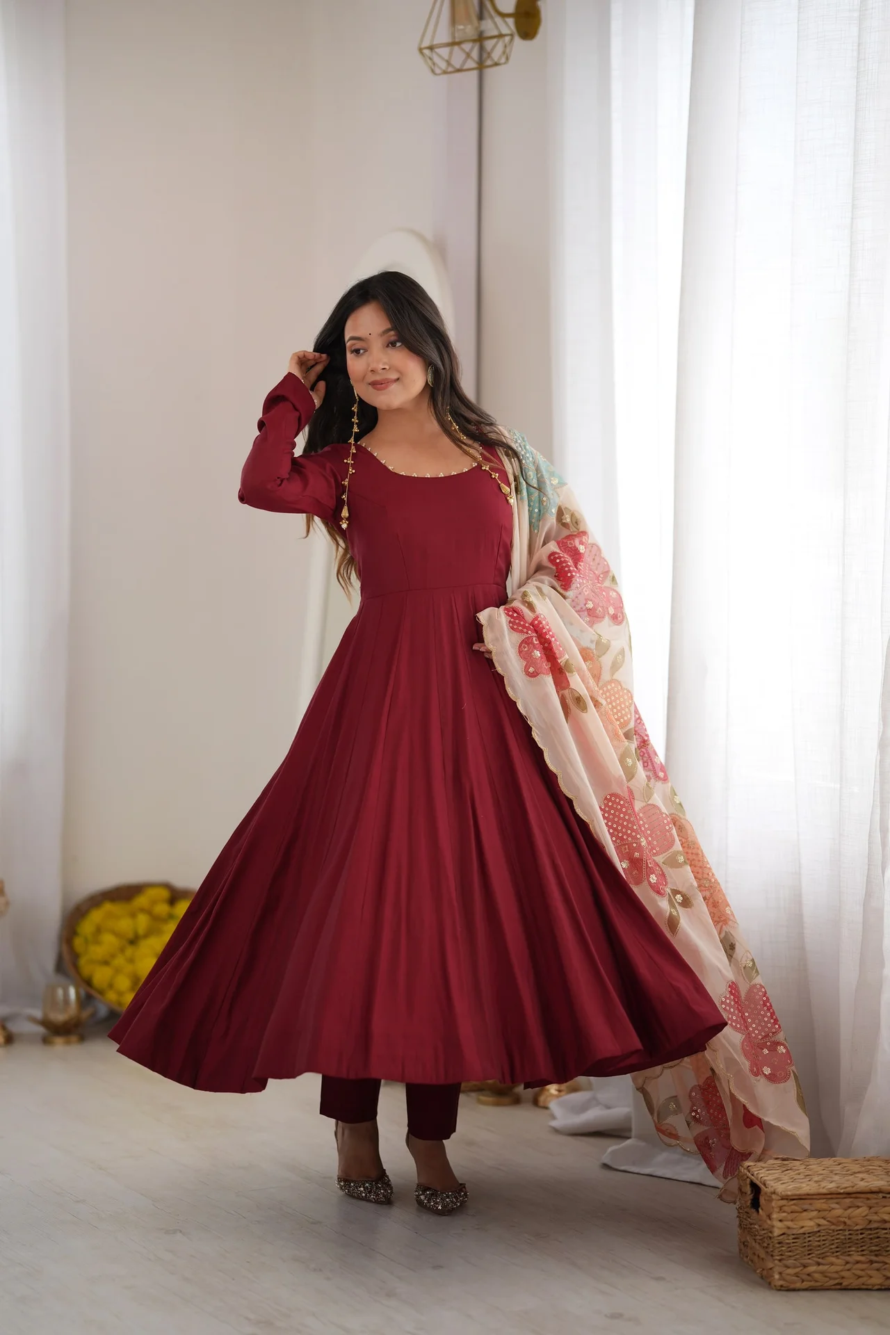 Premium Pure Romansilk 16 Kali Anarkali Gown Set with Tabby Organza Silk Printed Dupatta & Pant in Maroon — photo 7 of 9