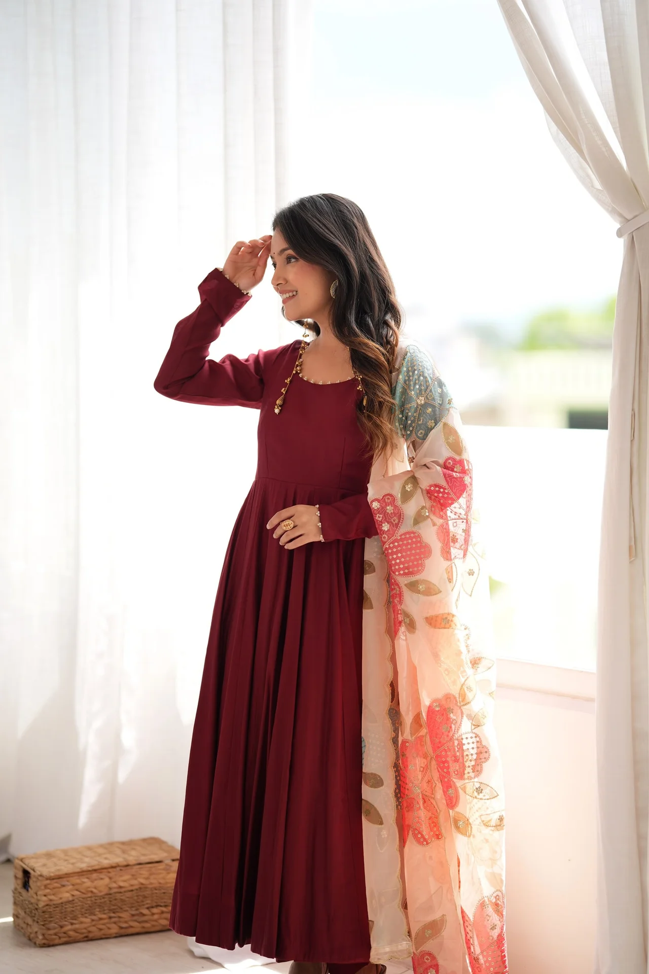 Premium Pure Romansilk 16 Kali Anarkali Gown Set with Tabby Organza Silk Printed Dupatta & Pant in Maroon — photo 8 of 9