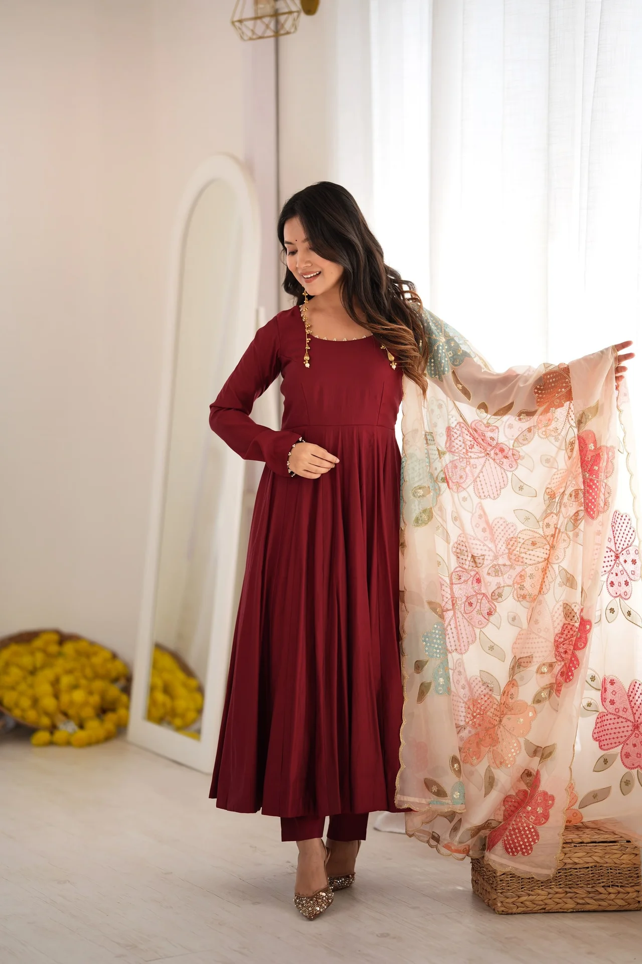 Premium Pure Romansilk 16 Kali Anarkali Gown Set with Tabby Organza Silk Printed Dupatta & Pant in Maroon — photo 9 of 9