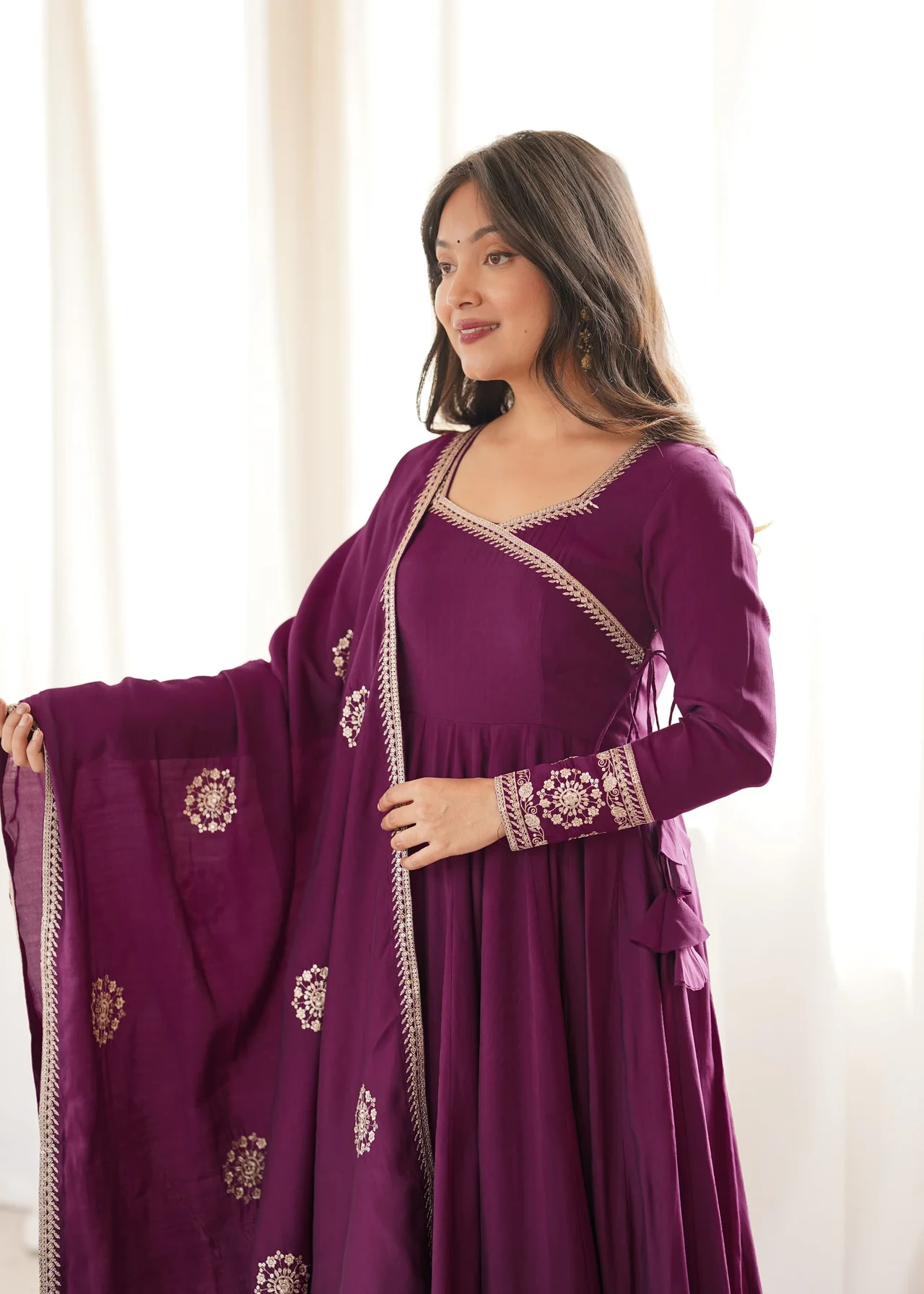 Premium Pure Roman Chanderi Silk Angrakha Anarkali Gown Set with Dupatta & Pant in Purple — photo 2 of 8