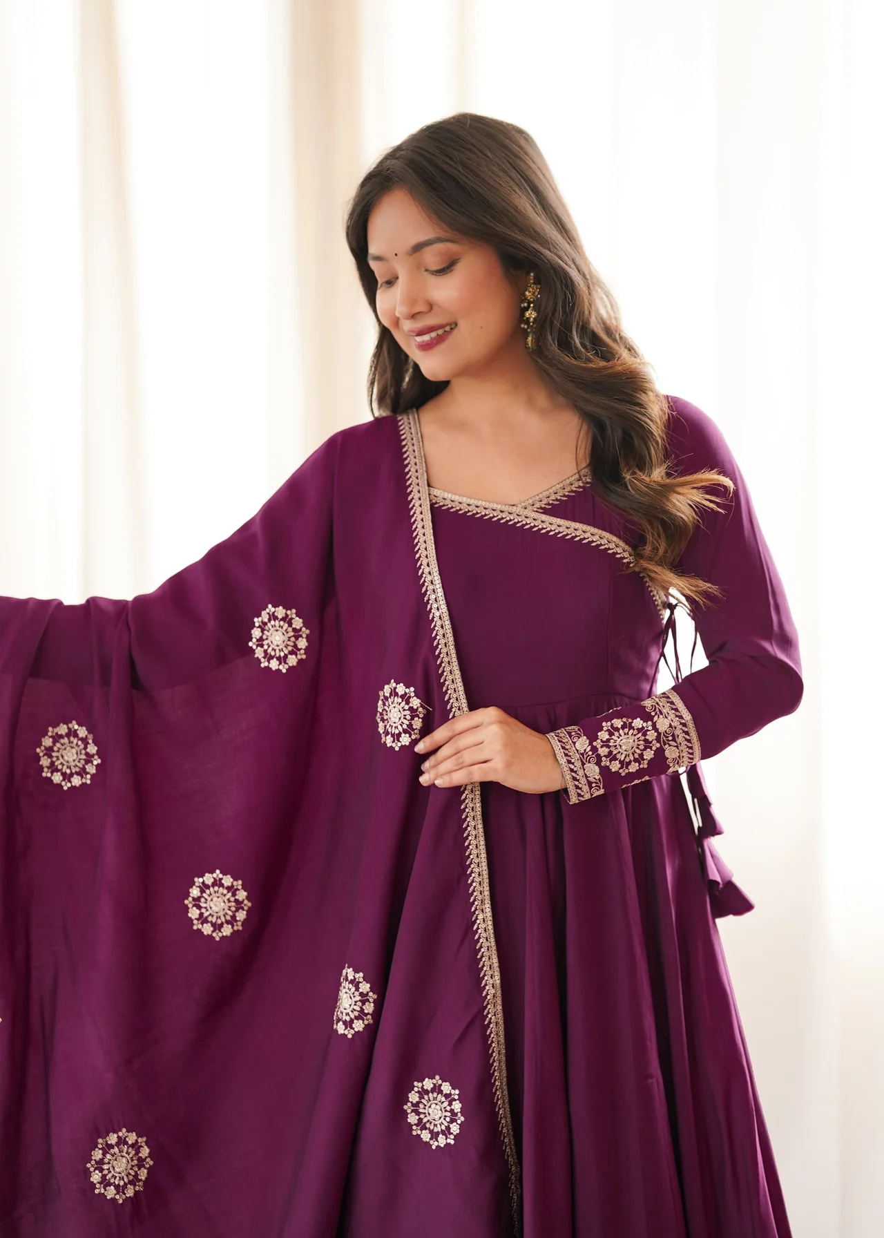 Premium Pure Roman Chanderi Silk Angrakha Anarkali Gown Set with Dupatta & Pant in Purple — photo 3 of 8