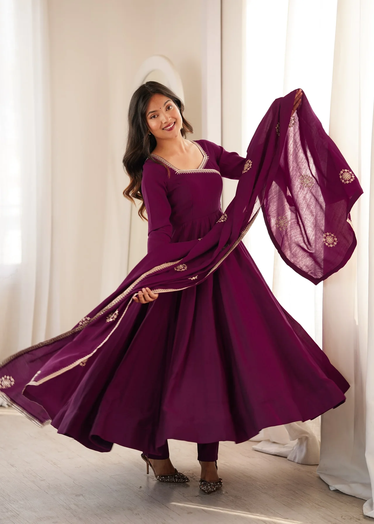 Premium Pure Roman Chanderi Silk Angrakha Anarkali Gown Set with Dupatta & Pant in Purple — photo 4 of 8