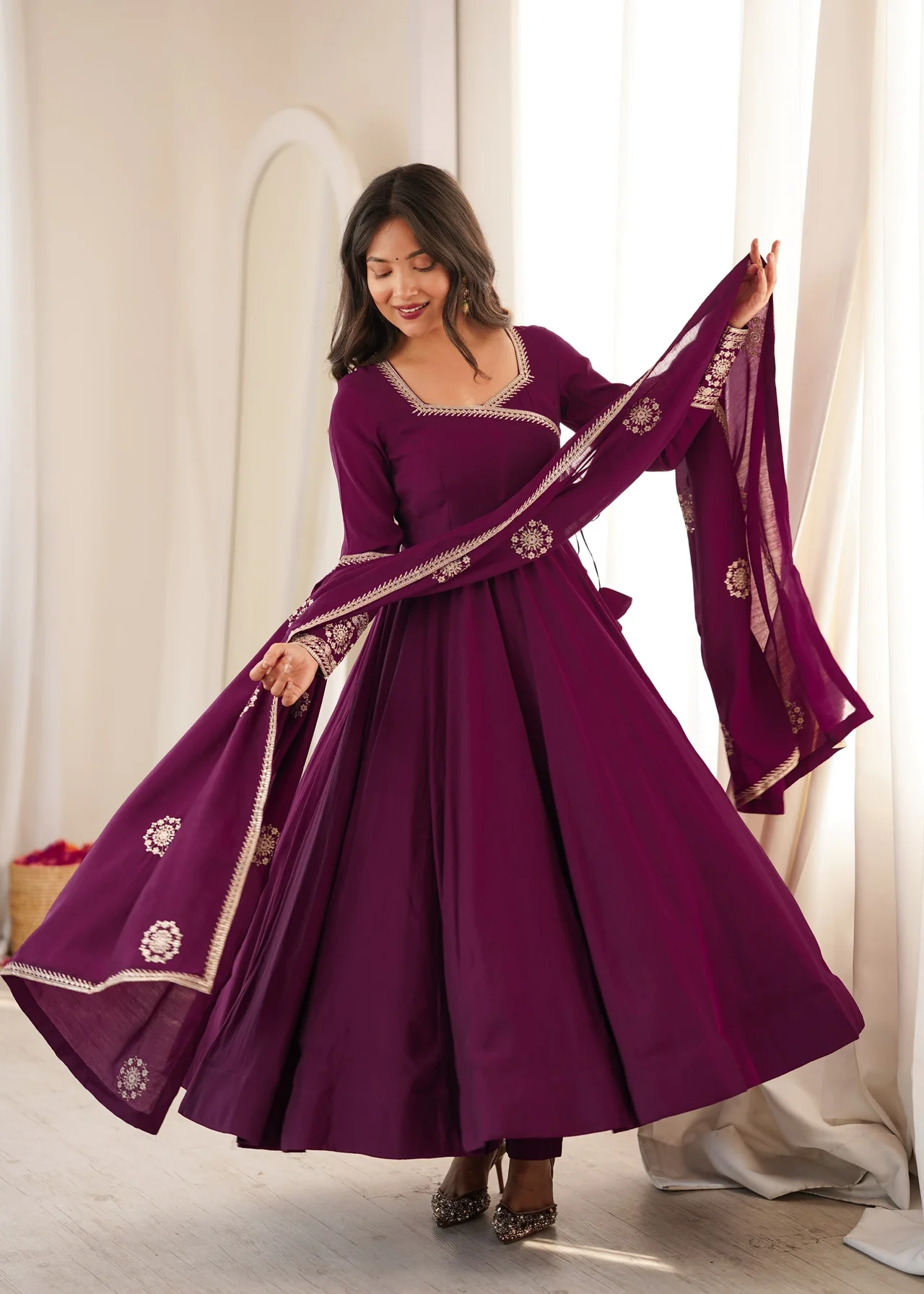 Premium Pure Roman Chanderi Silk Angrakha Anarkali Gown Set with Dupatta & Pant in Purple — photo 5 of 8