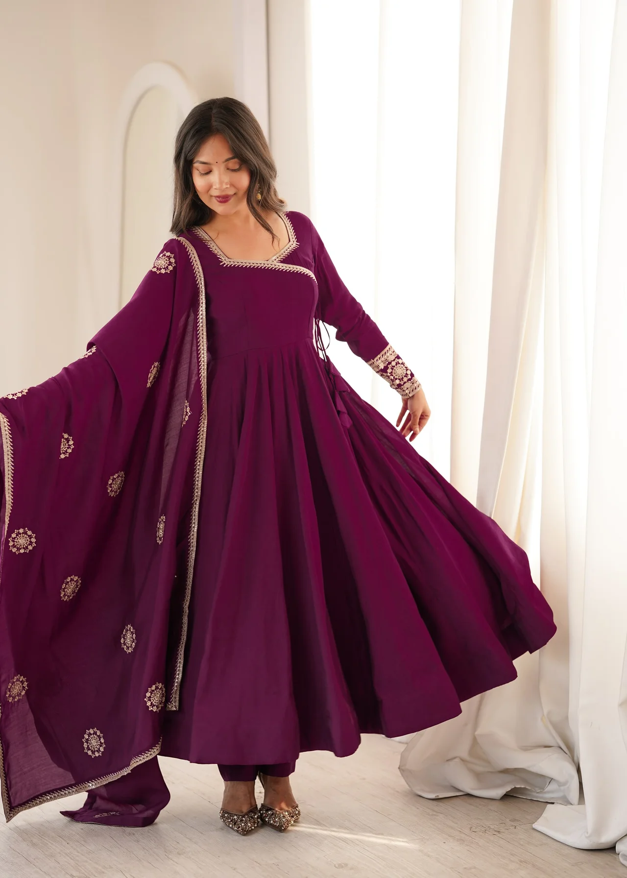 Premium Pure Roman Chanderi Silk Angrakha Anarkali Gown Set with Dupatta & Pant in Purple — photo 6 of 8