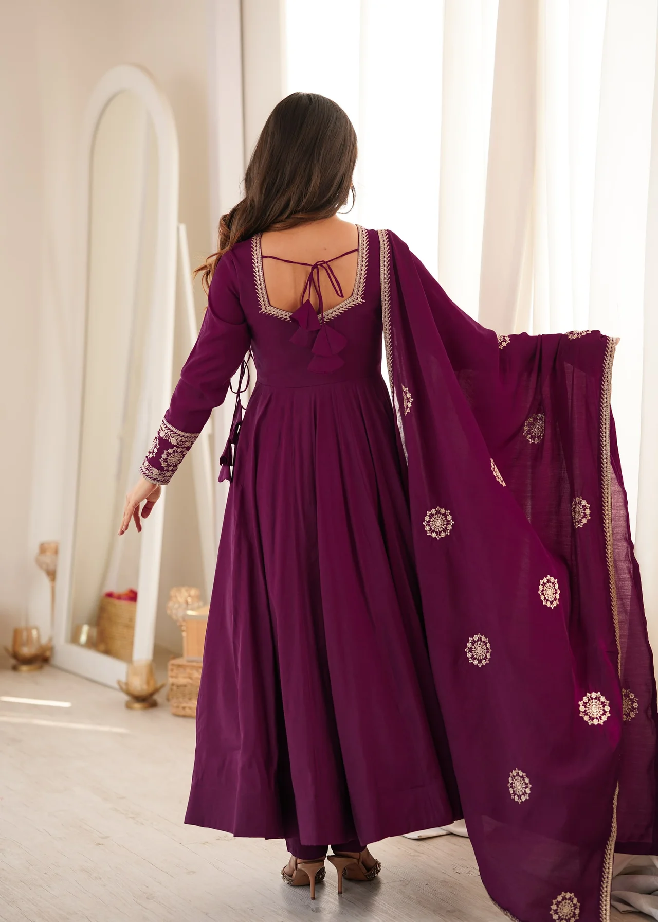 Premium Pure Roman Chanderi Silk Angrakha Anarkali Gown Set with Dupatta & Pant in Purple — photo 7 of 8
