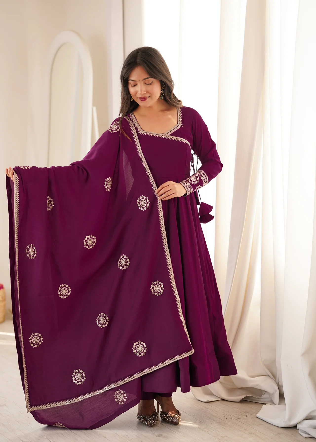 Premium Pure Roman Chanderi Silk Angrakha Anarkali Gown Set with Dupatta & Pant in Purple — photo 8 of 8