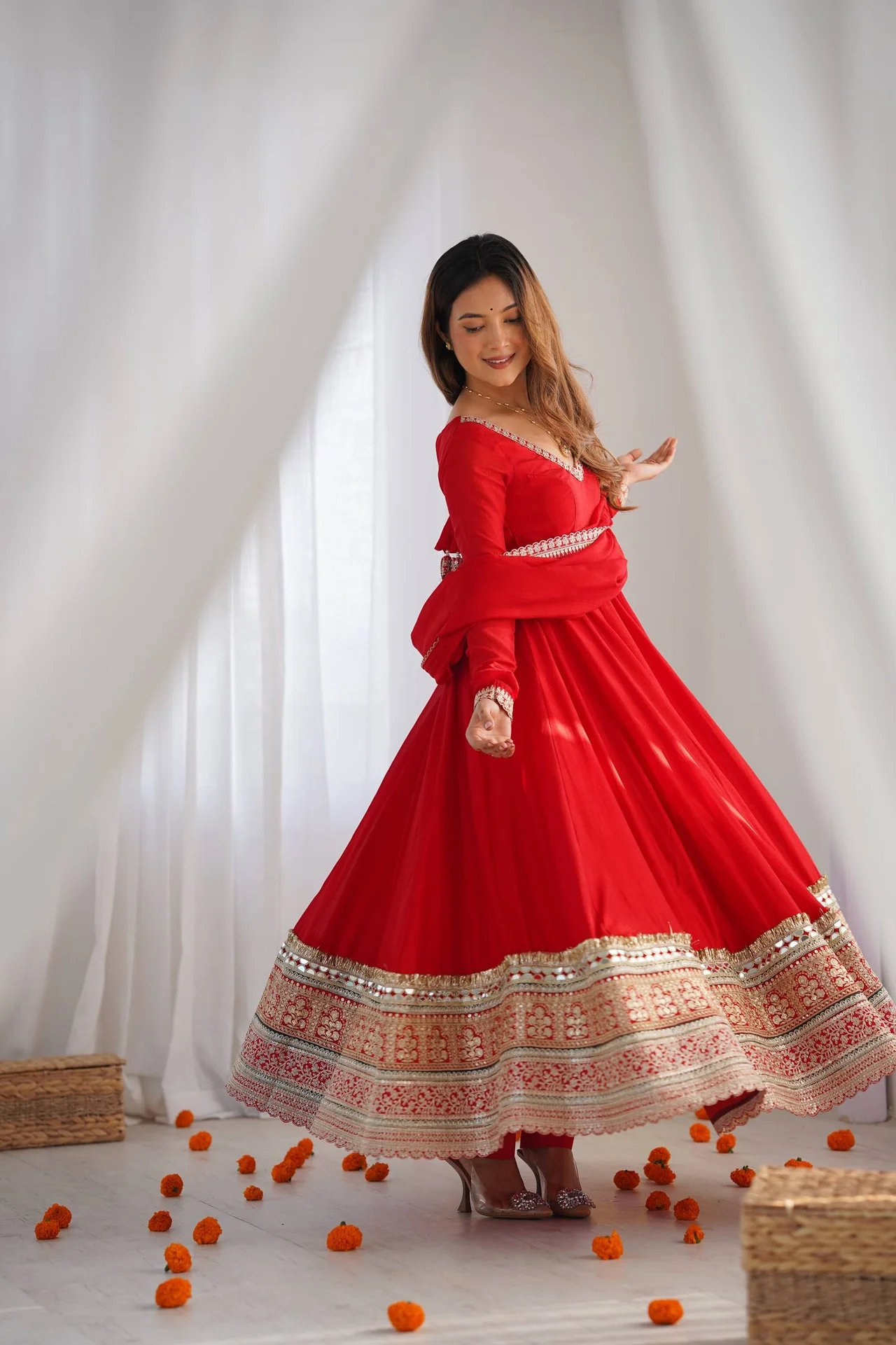 Premium Pure Blooming Vichitra Silk Anarkali Gown Set with Dupatta & Pant in Red — photo 2 of 8