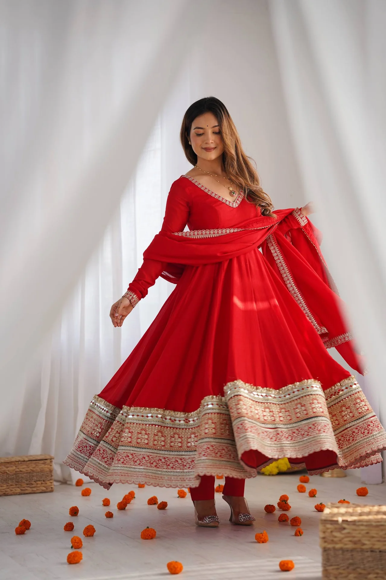 Premium Pure Blooming Vichitra Silk Anarkali Gown Set with Dupatta & Pant in Red — photo 3 of 8
