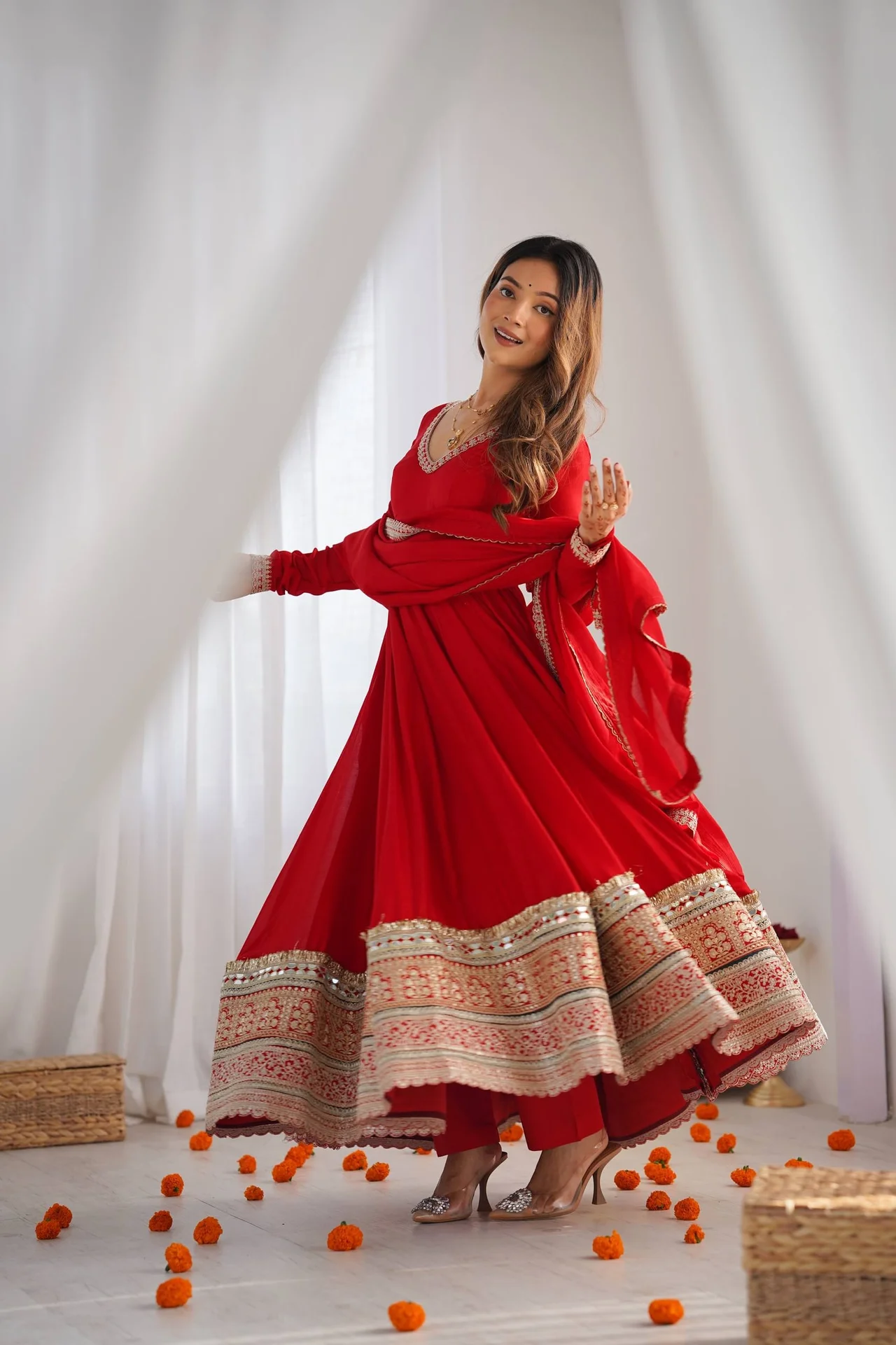 Premium Pure Blooming Vichitra Silk Anarkali Gown Set with Dupatta & Pant in Red — photo 4 of 8