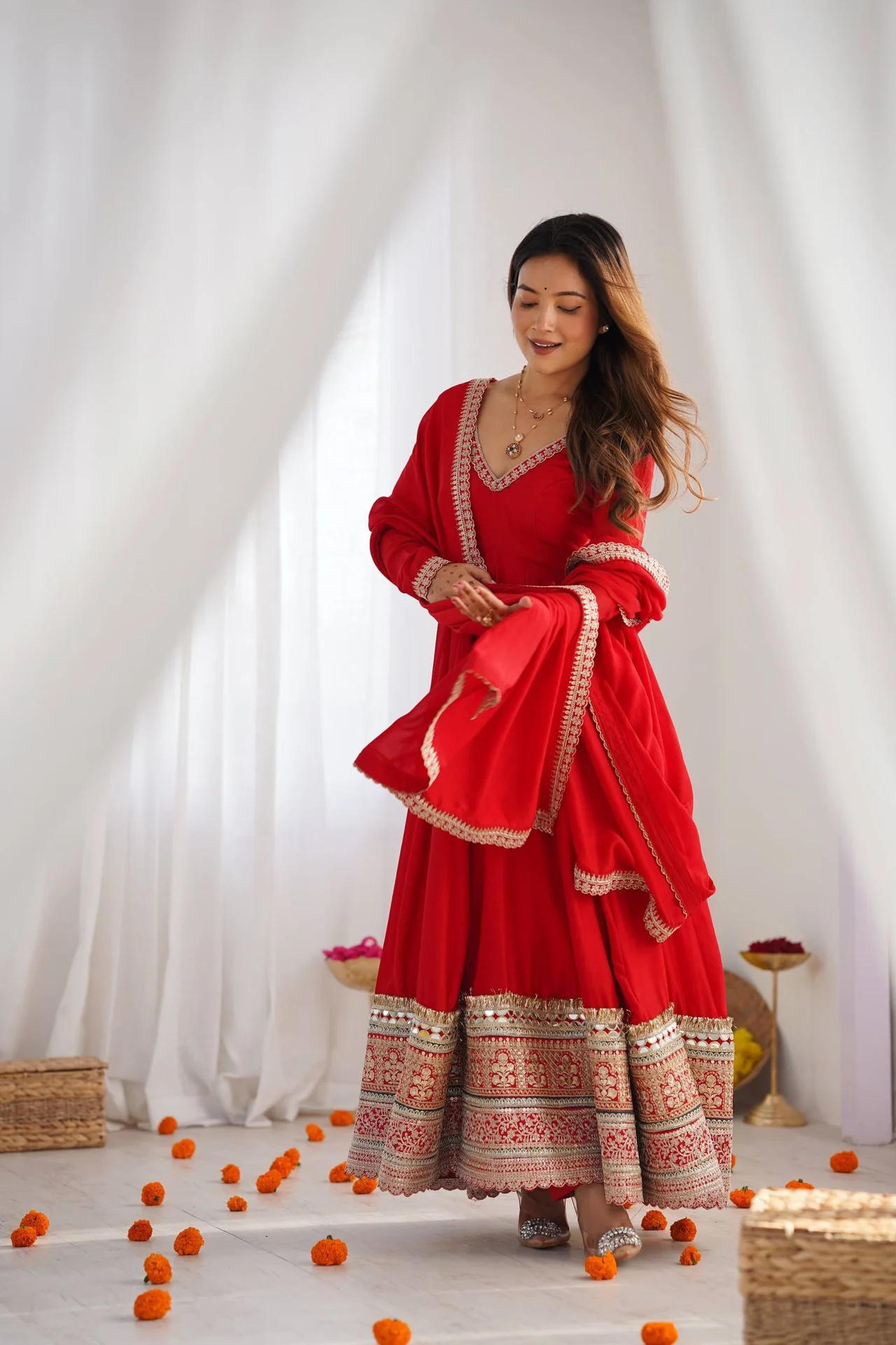 Premium Pure Blooming Vichitra Silk Anarkali Gown Set with Dupatta & Pant in Red — photo 5 of 8