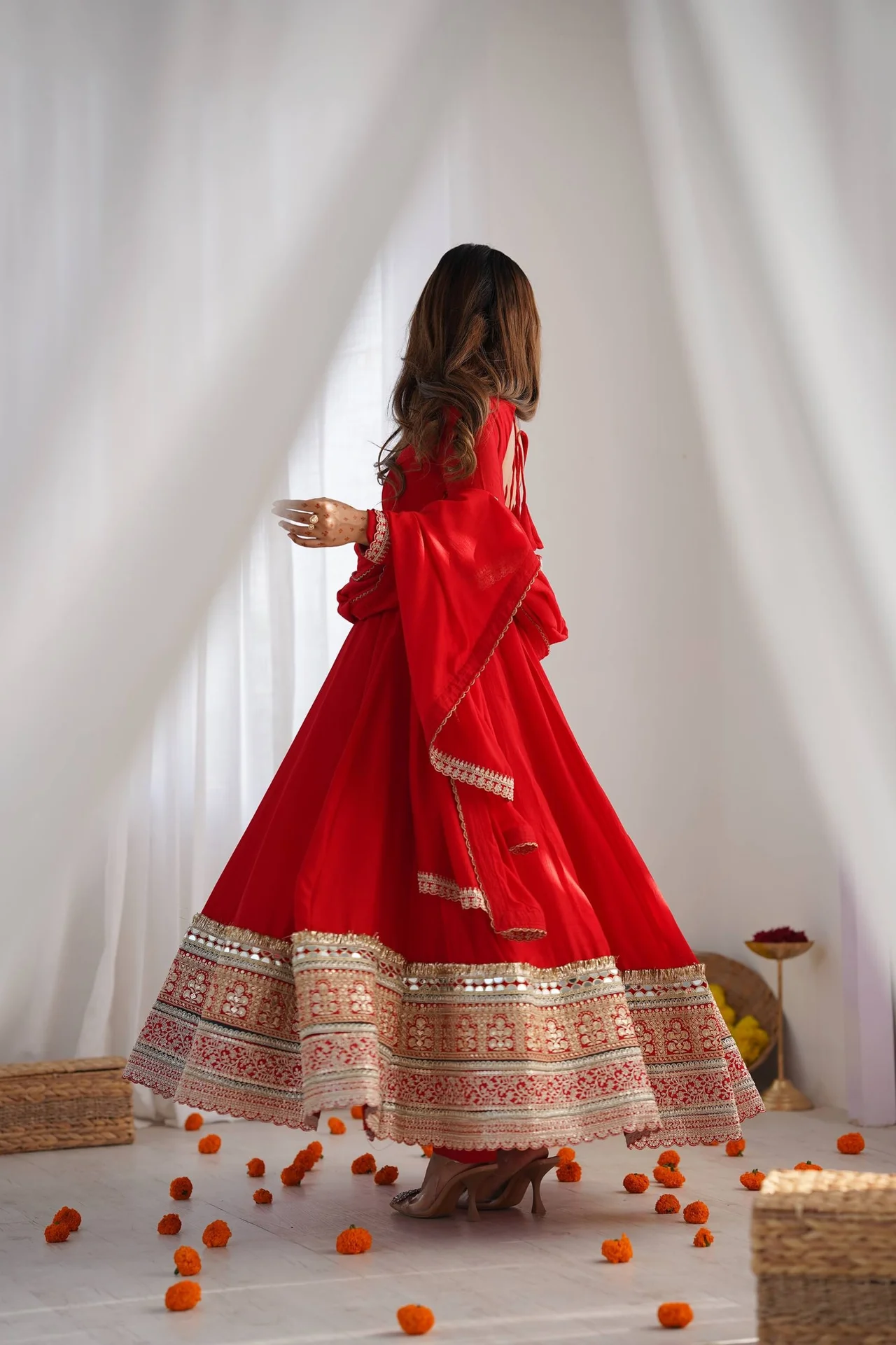 Premium Pure Blooming Vichitra Silk Anarkali Gown Set with Dupatta & Pant in Red — photo 6 of 8
