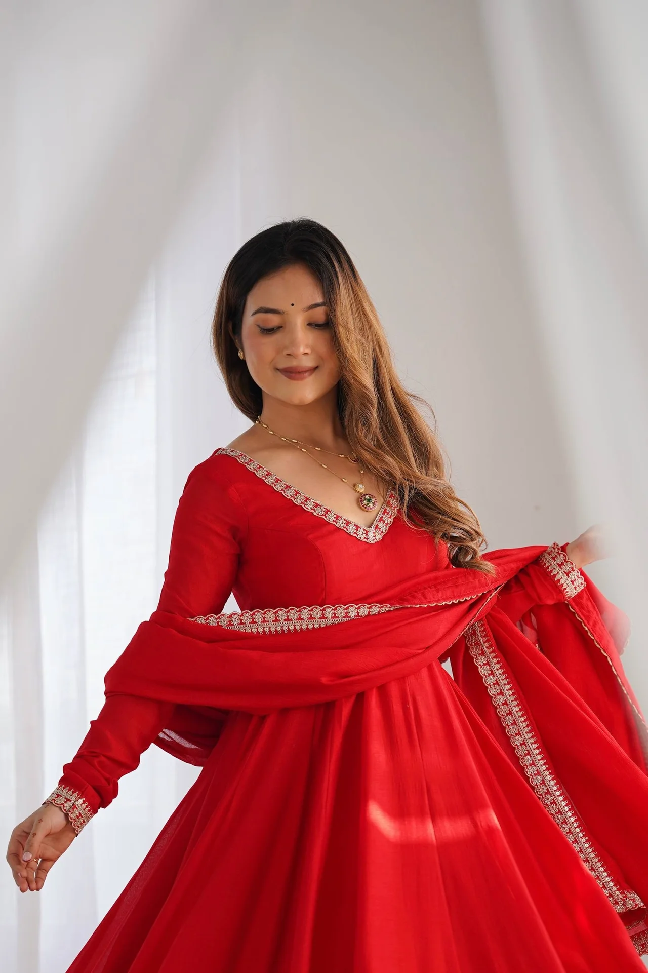 Premium Pure Blooming Vichitra Silk Anarkali Gown Set with Dupatta & Pant in Red — photo 7 of 8