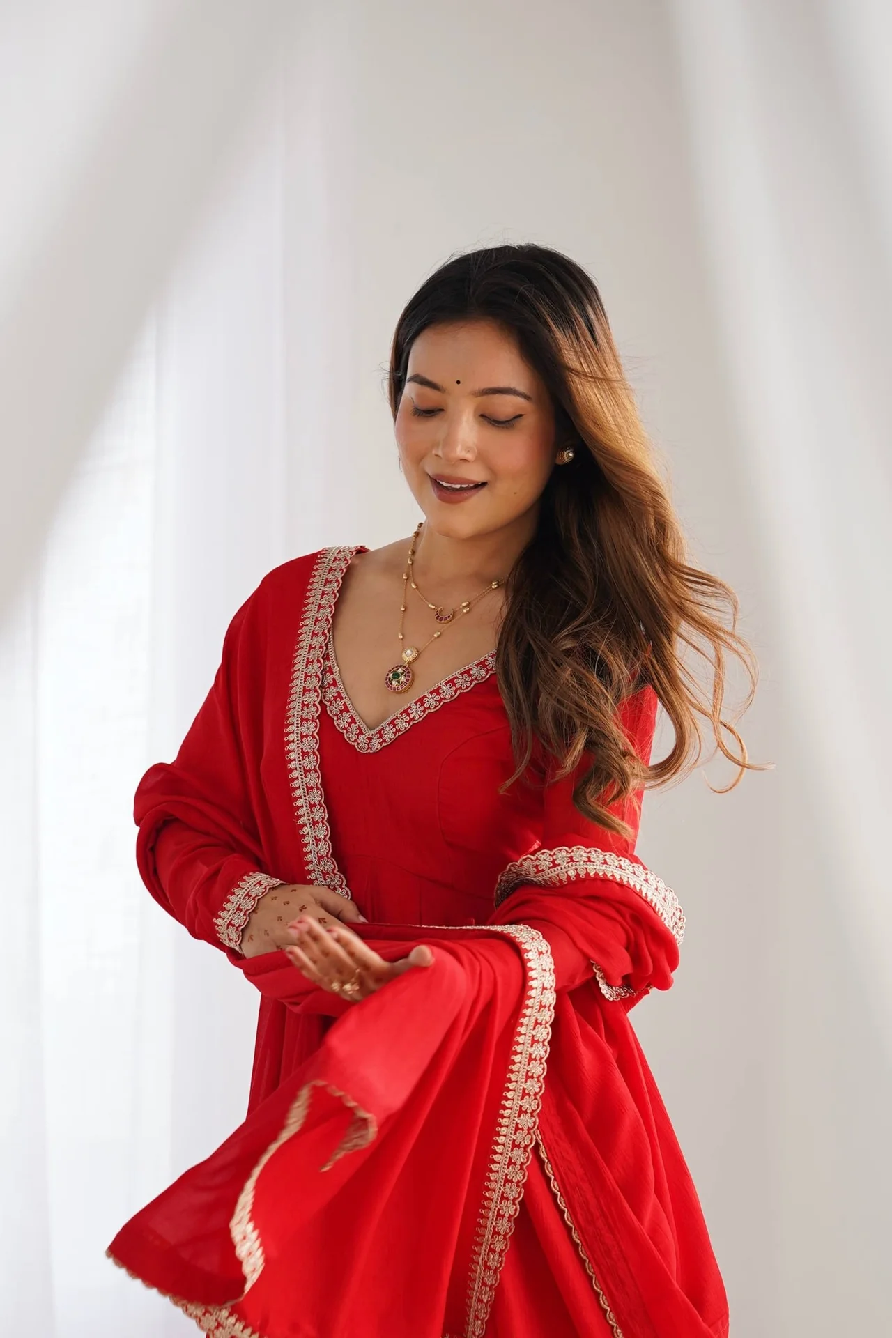 Premium Pure Blooming Vichitra Silk Anarkali Gown Set with Dupatta & Pant in Red — photo 8 of 8
