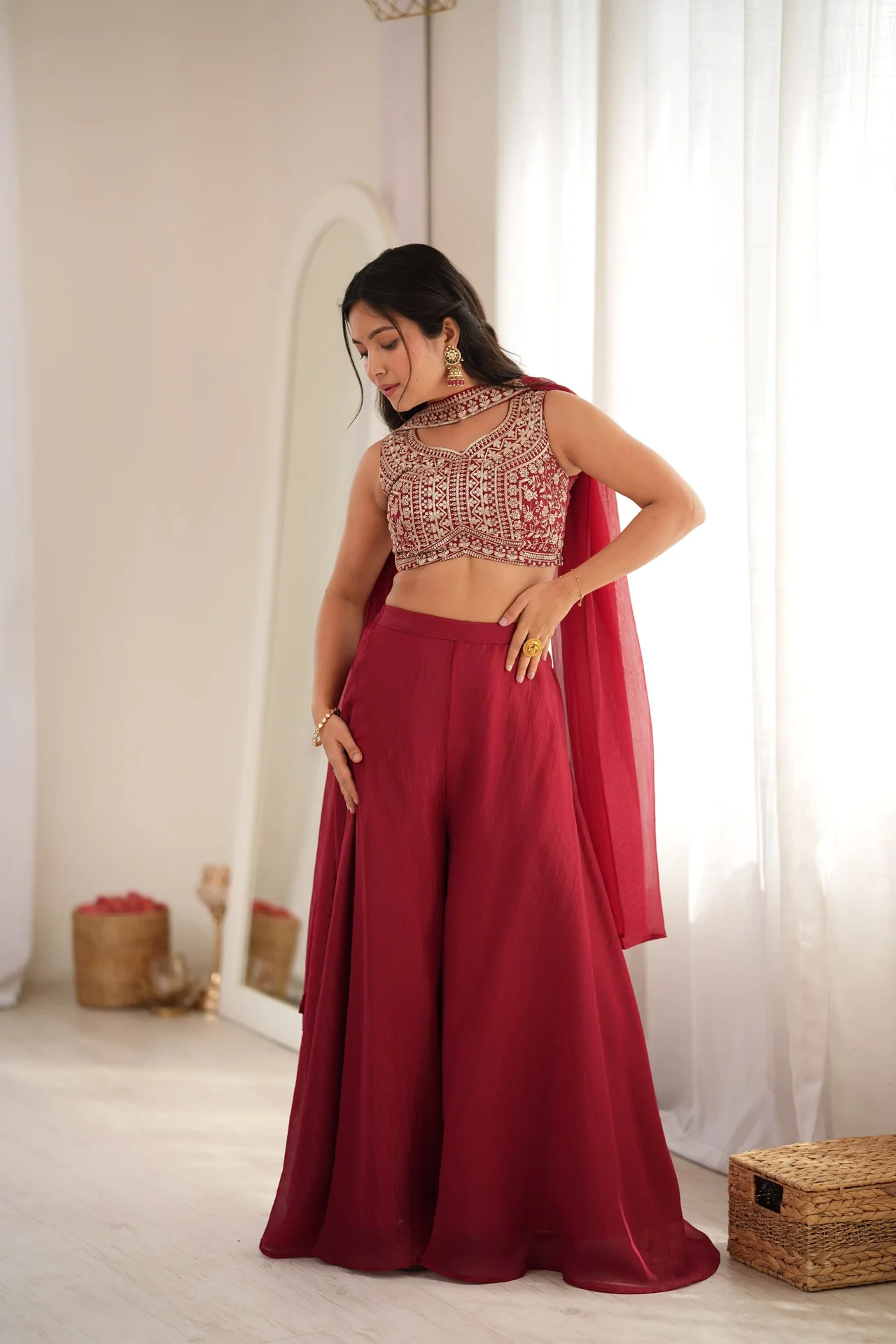 Designer Indo-Western Crunchy Silk Crop Top Palazzo Set for Women in Maroon — photo 2 of 8