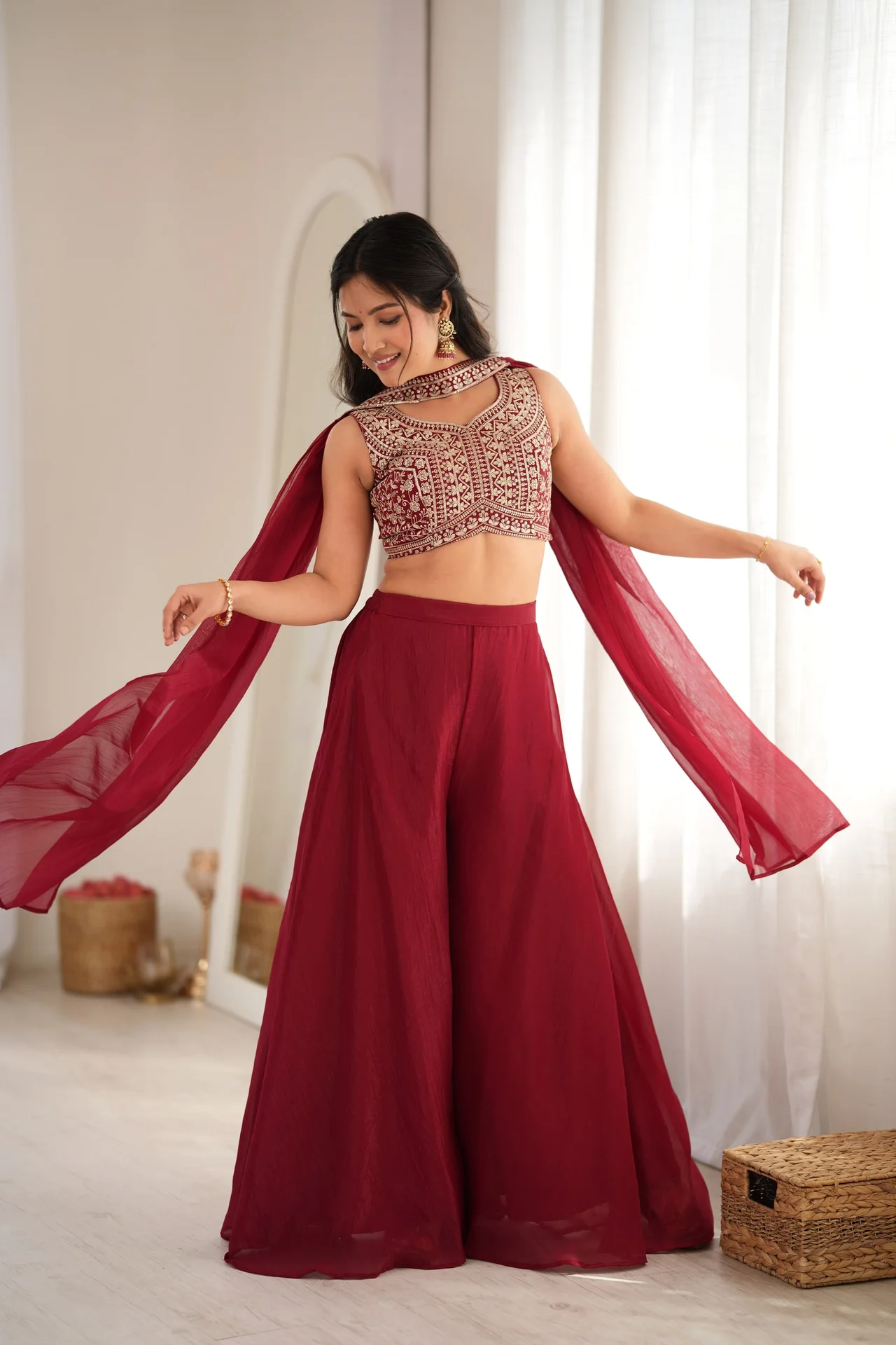 Designer Indo-Western Crunchy Silk Crop Top Palazzo Set for Women in Maroon — photo 3 of 8
