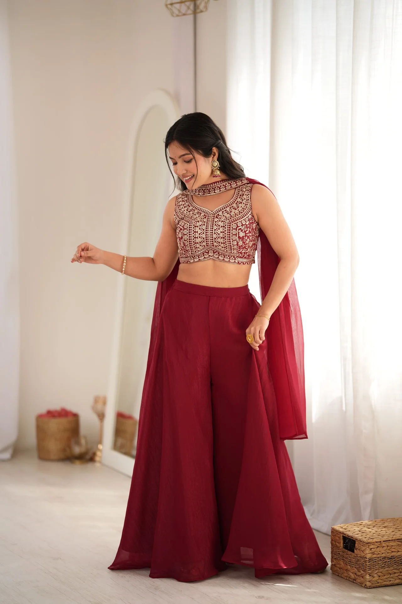 Designer Indo-Western Crunchy Silk Crop Top Palazzo Set for Women in Maroon — photo 4 of 8