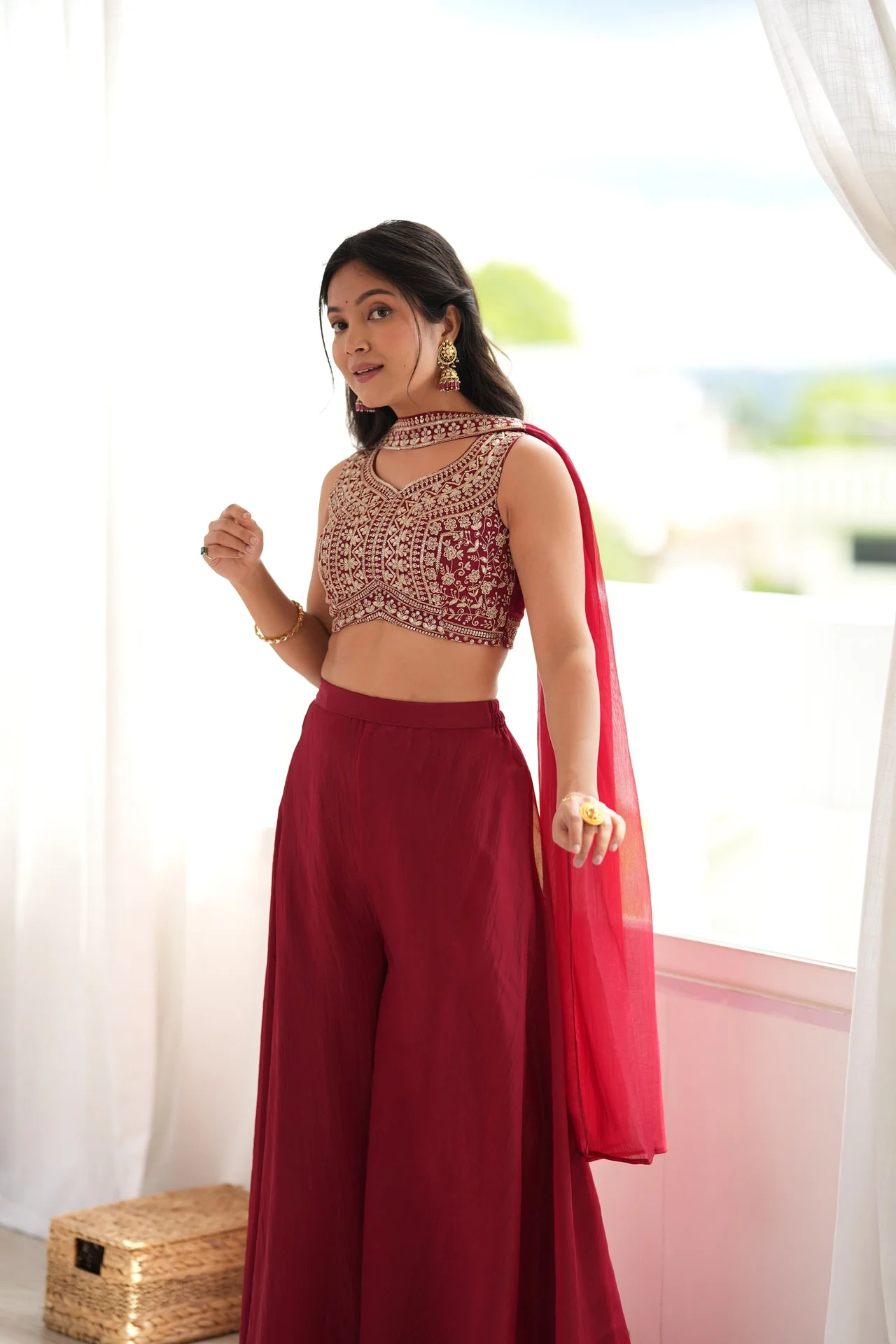 Designer Indo-Western Crunchy Silk Crop Top Palazzo Set for Women in Maroon — photo 5 of 8
