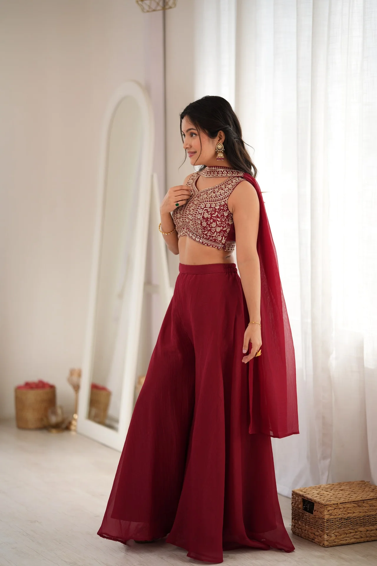 Designer Indo-Western Crunchy Silk Crop Top Palazzo Set for Women in Maroon — photo 6 of 8