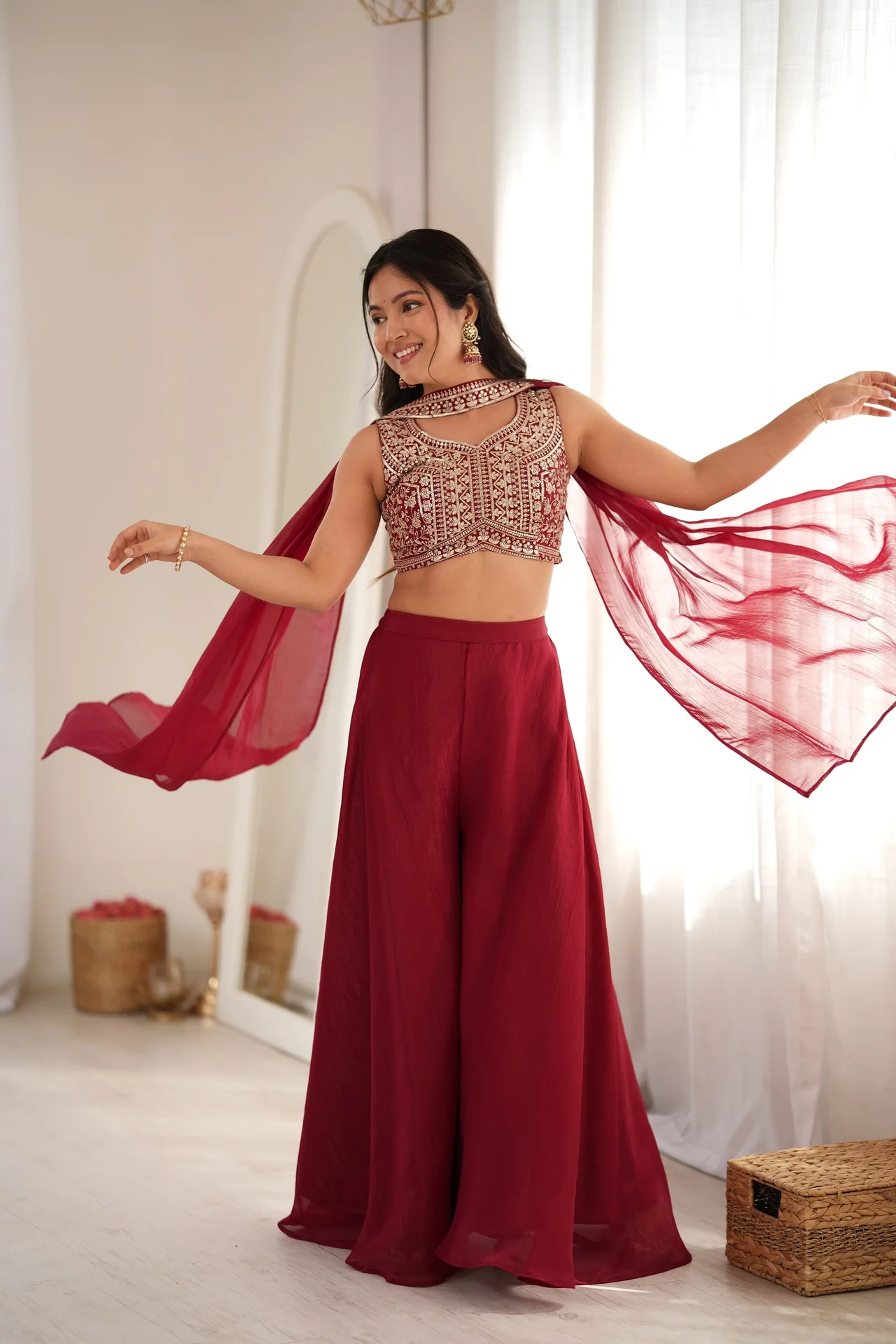 Designer Indo-Western Crunchy Silk Crop Top Palazzo Set for Women in Maroon — photo 7 of 8