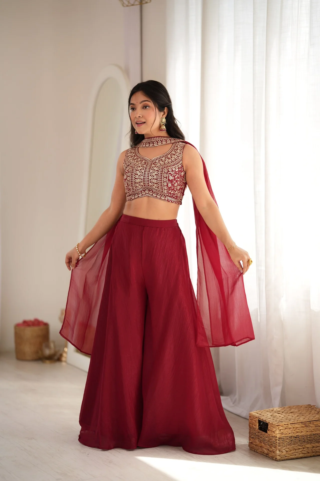 Designer Indo-Western Crunchy Silk Crop Top Palazzo Set for Women in Maroon — photo 8 of 8
