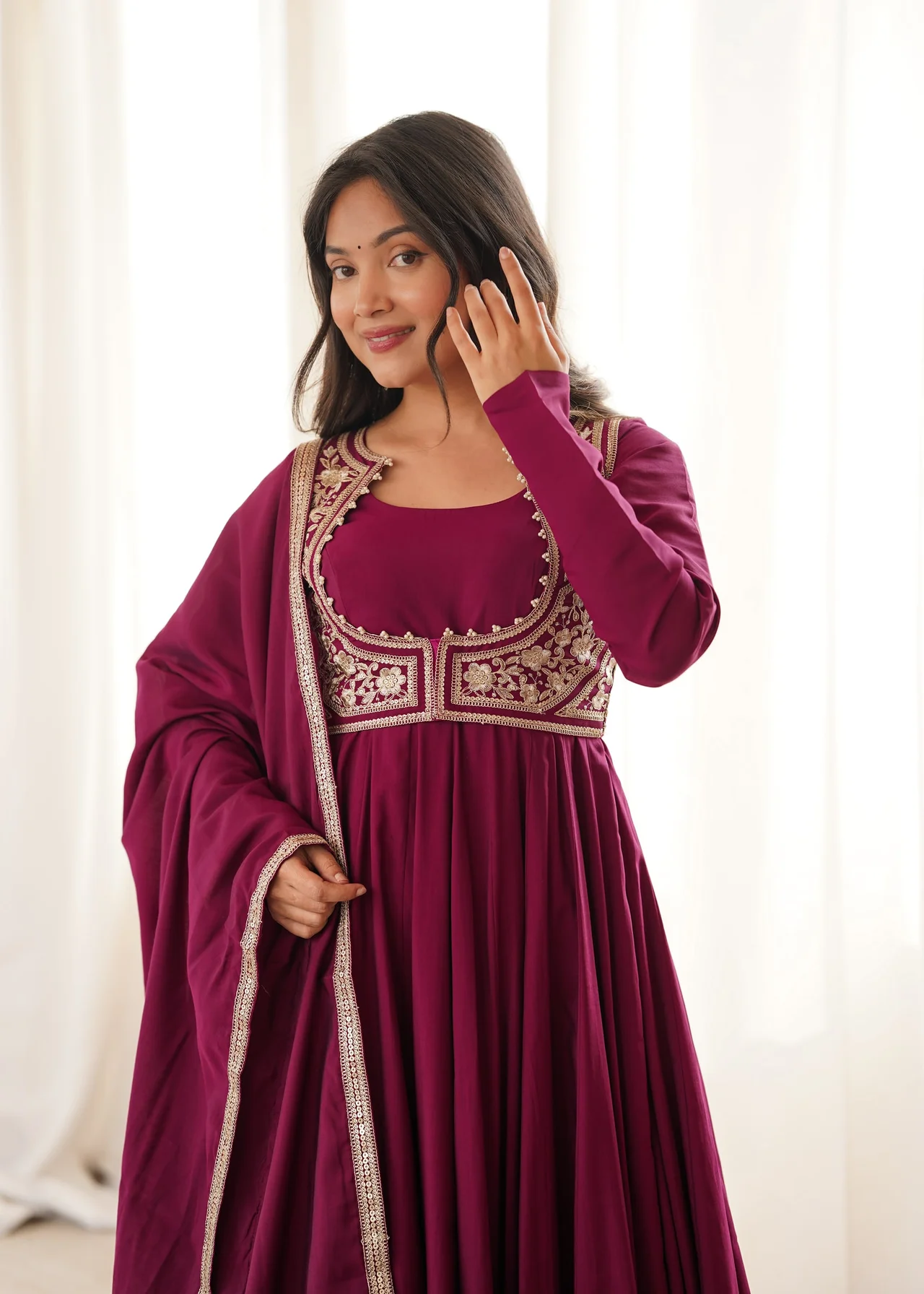 Premium Pure Romansilk Chanderi Anarkali Gown Set with Jacket, Dupatta & Pant in Rani Pink — photo 2 of 9