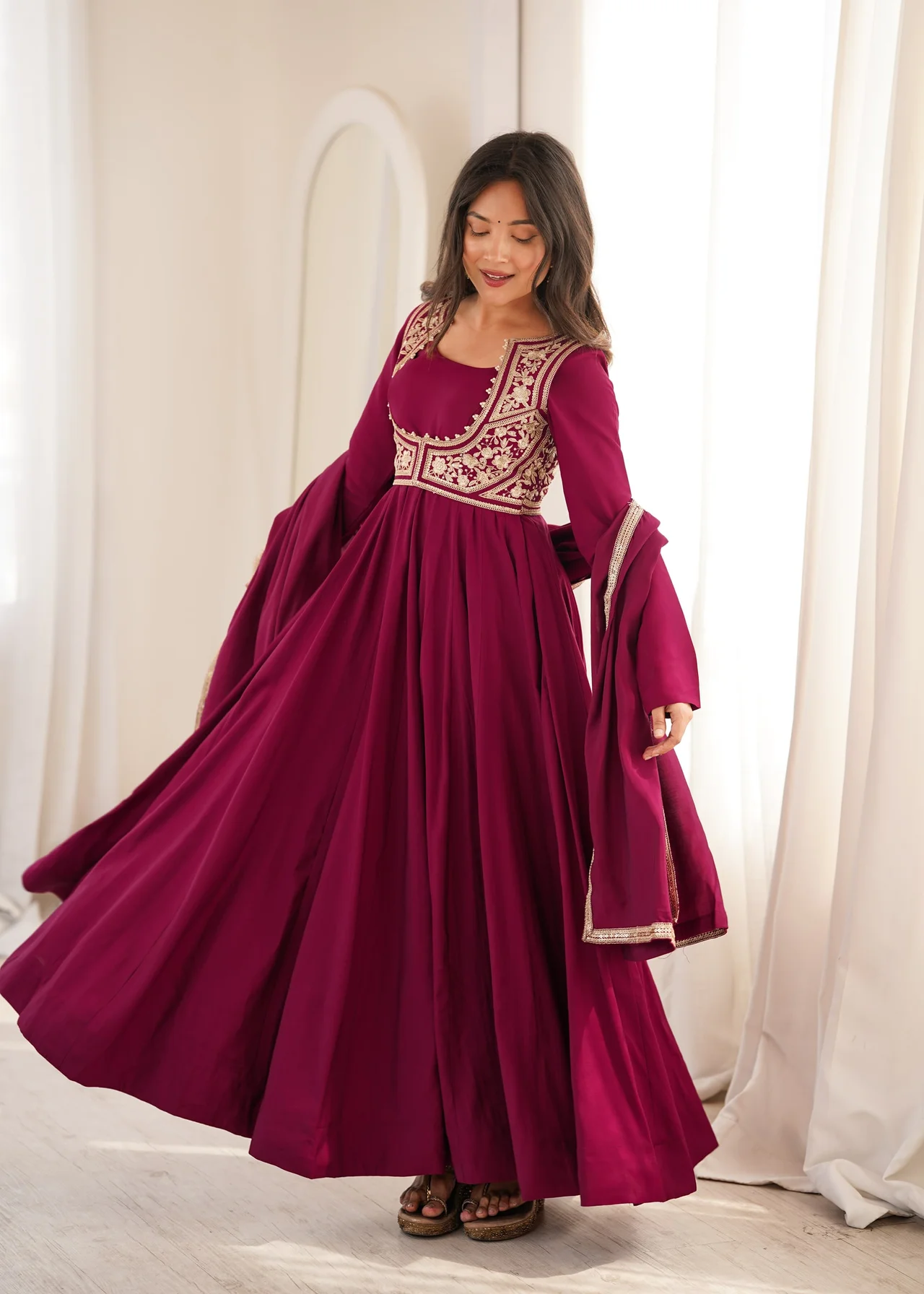 Premium Pure Romansilk Chanderi Anarkali Gown Set with Jacket, Dupatta & Pant in Rani Pink — photo 3 of 9