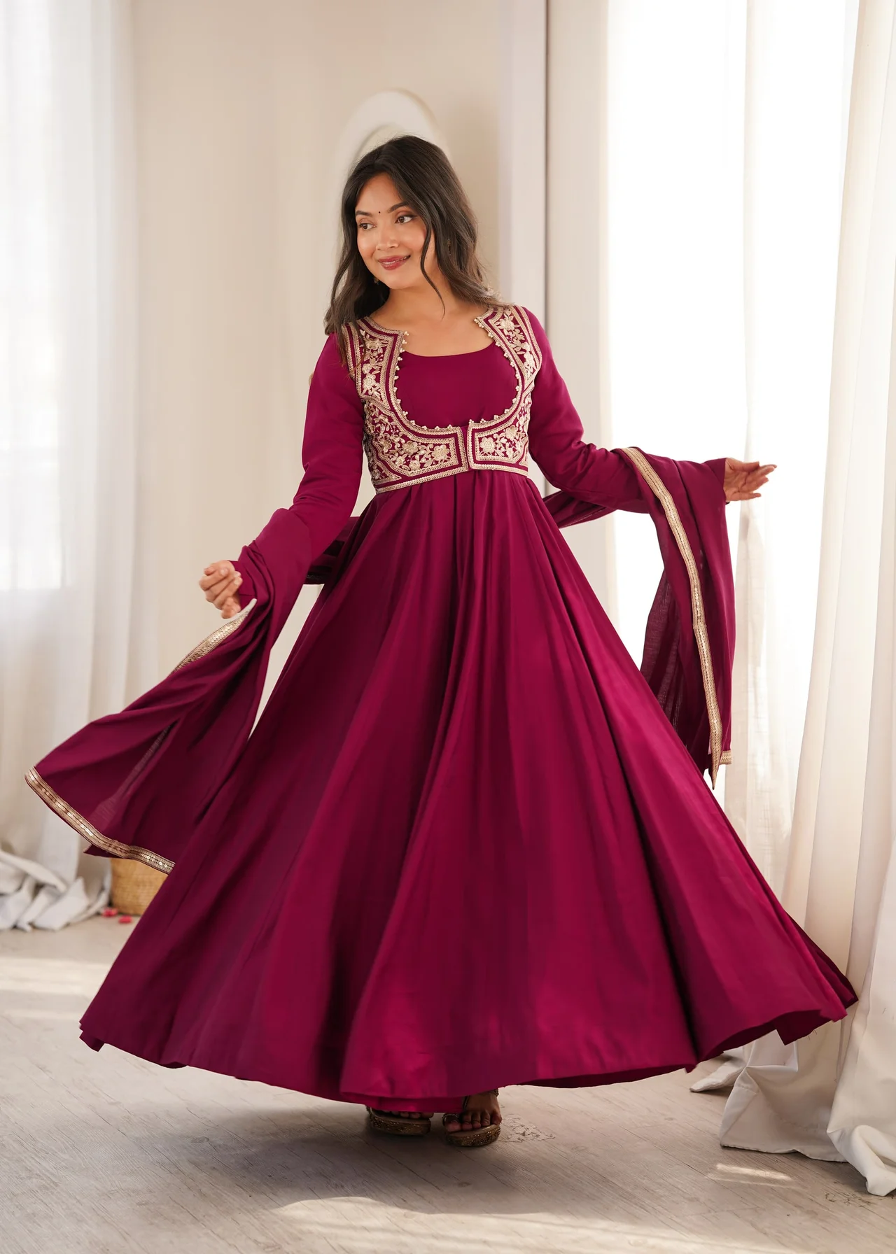Premium Pure Romansilk Chanderi Anarkali Gown Set with Jacket, Dupatta & Pant in Rani Pink — photo 5 of 9