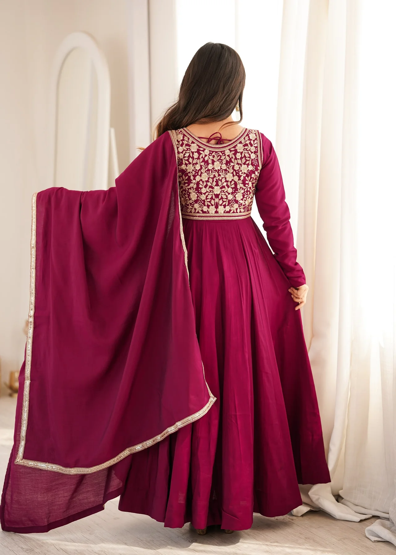 Premium Pure Romansilk Chanderi Anarkali Gown Set with Jacket, Dupatta & Pant in Rani Pink — photo 6 of 9