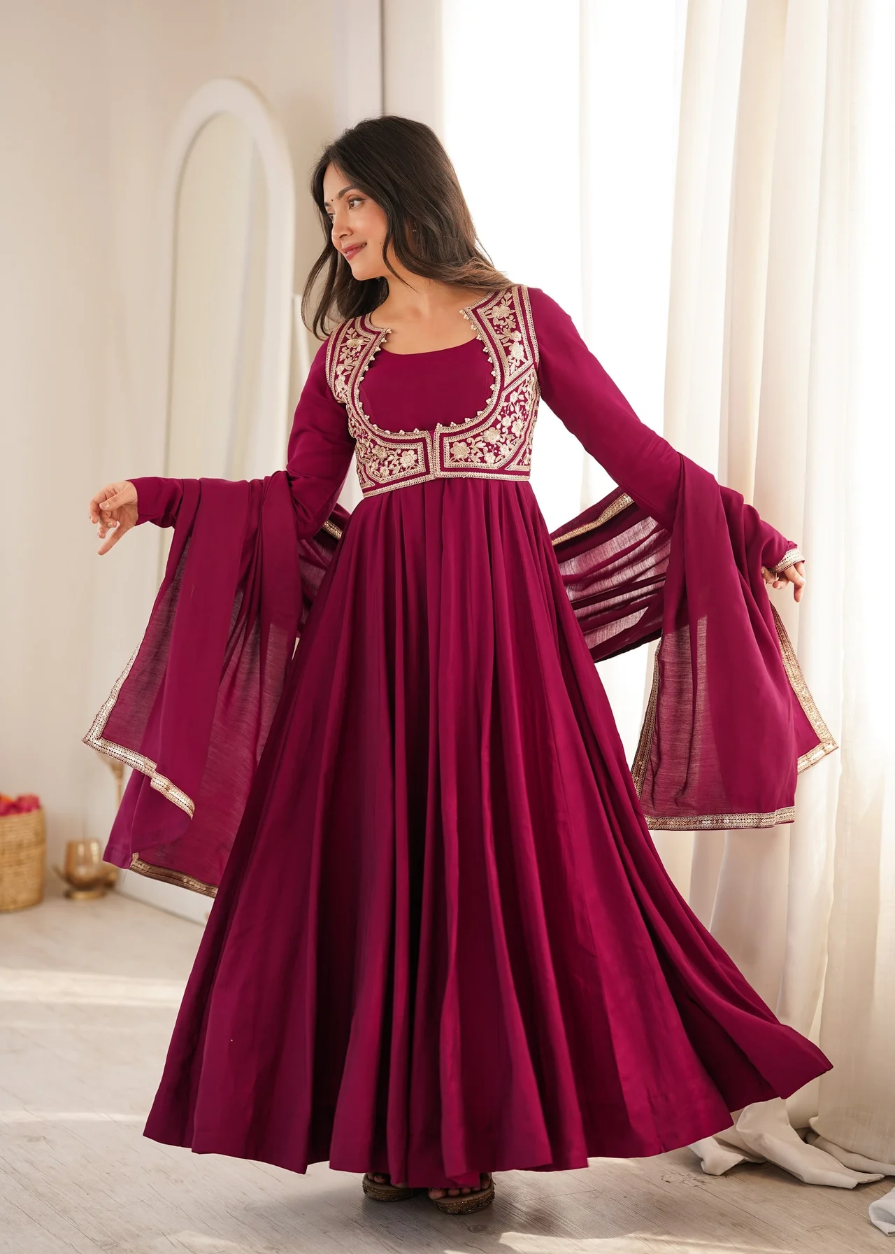 Premium Pure Romansilk Chanderi Anarkali Gown Set with Jacket, Dupatta & Pant in Rani Pink — photo 7 of 9